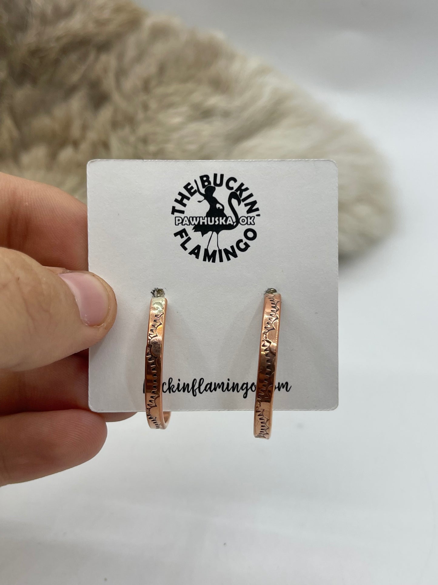 Copper Stamped Post Hoop Earrings by Elaine Tahe, Navajo