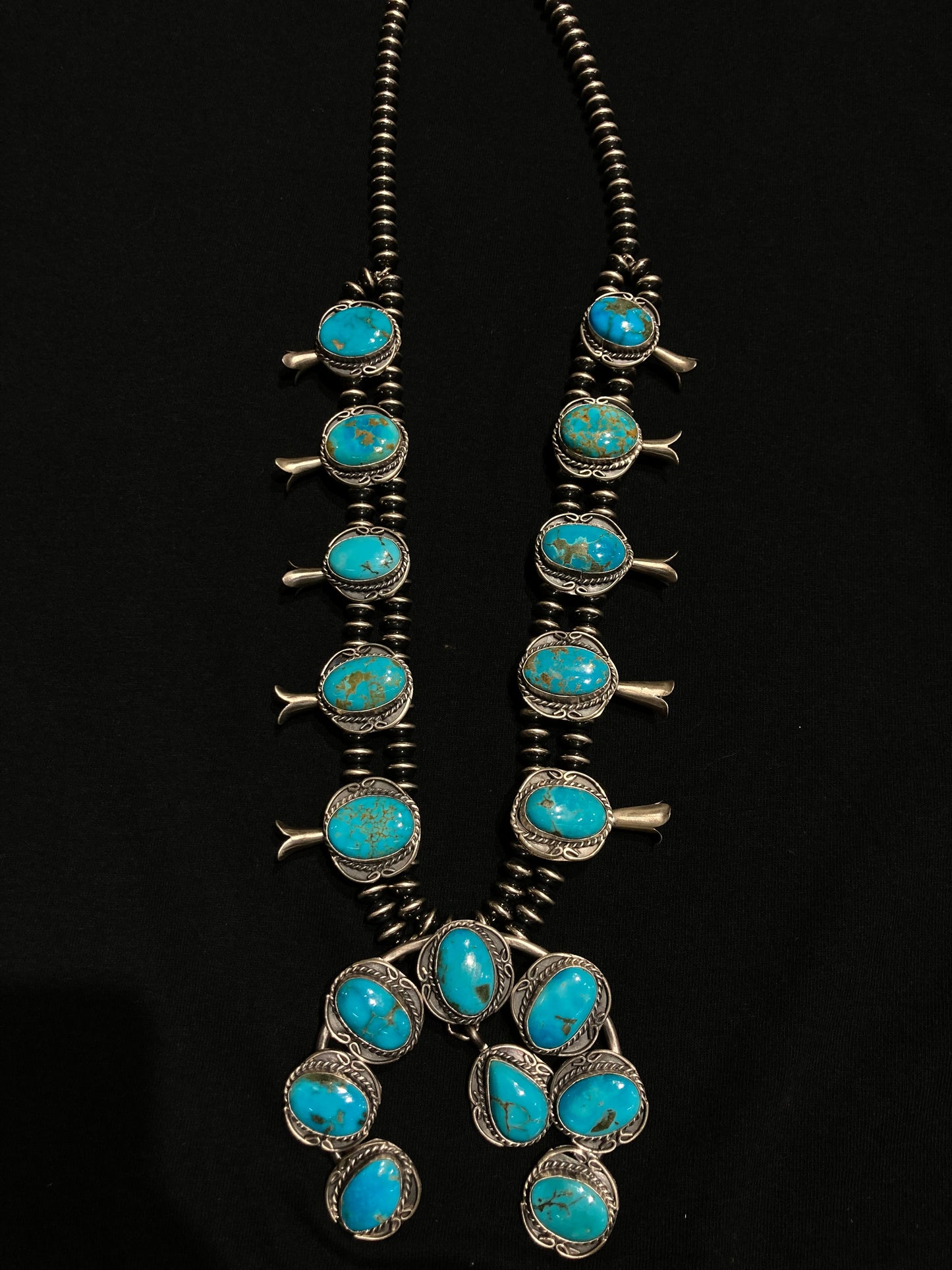 30" Kingman Turquoise Squash Blossom with Navajo Saucer Pearls by Gilbert Nez, Navajo