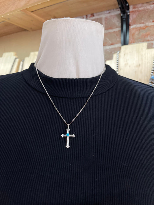 18" Silver Cross with Turquoise Stone Necklace