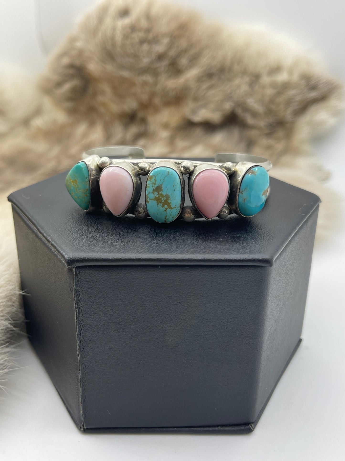 5 Stone Pink Conch & Turquoise Cuff by Augustine Largo, Navajo