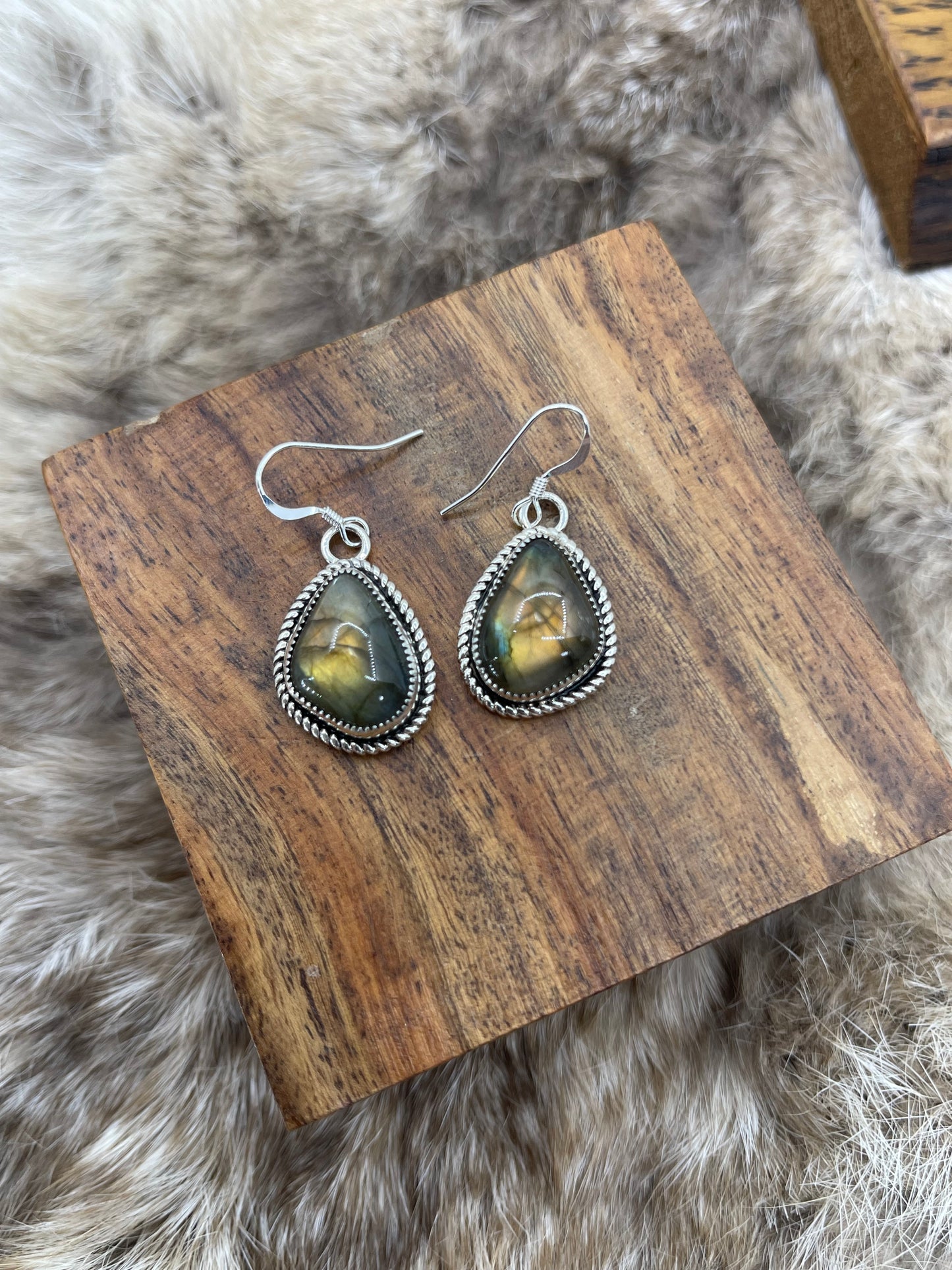 Labradorite Teardrop Earrings by Joelias Draper, Navajo