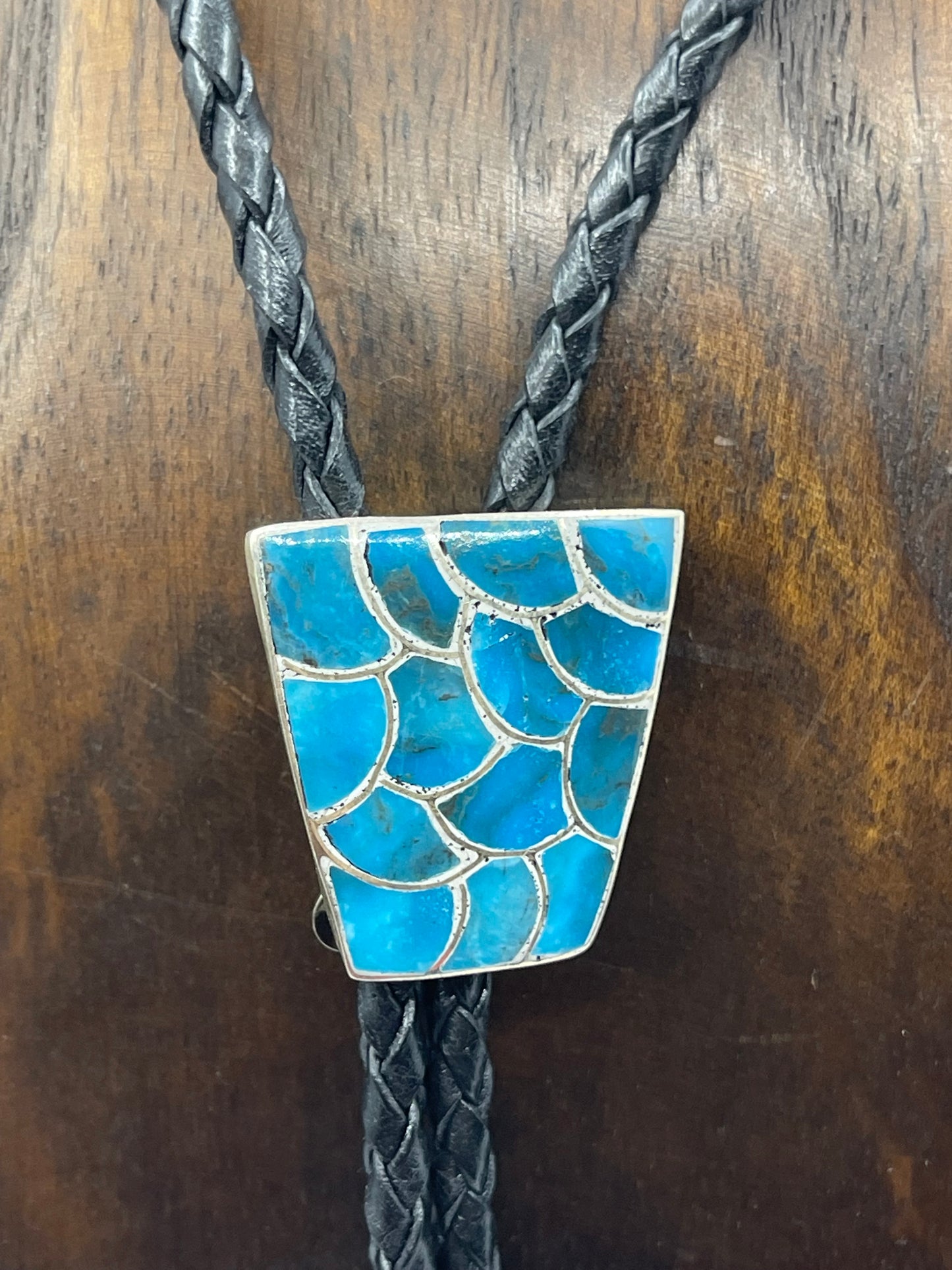 Turquoise Fish Scale Inlay Bolo Tie by Lynelle Johnson, Navajo