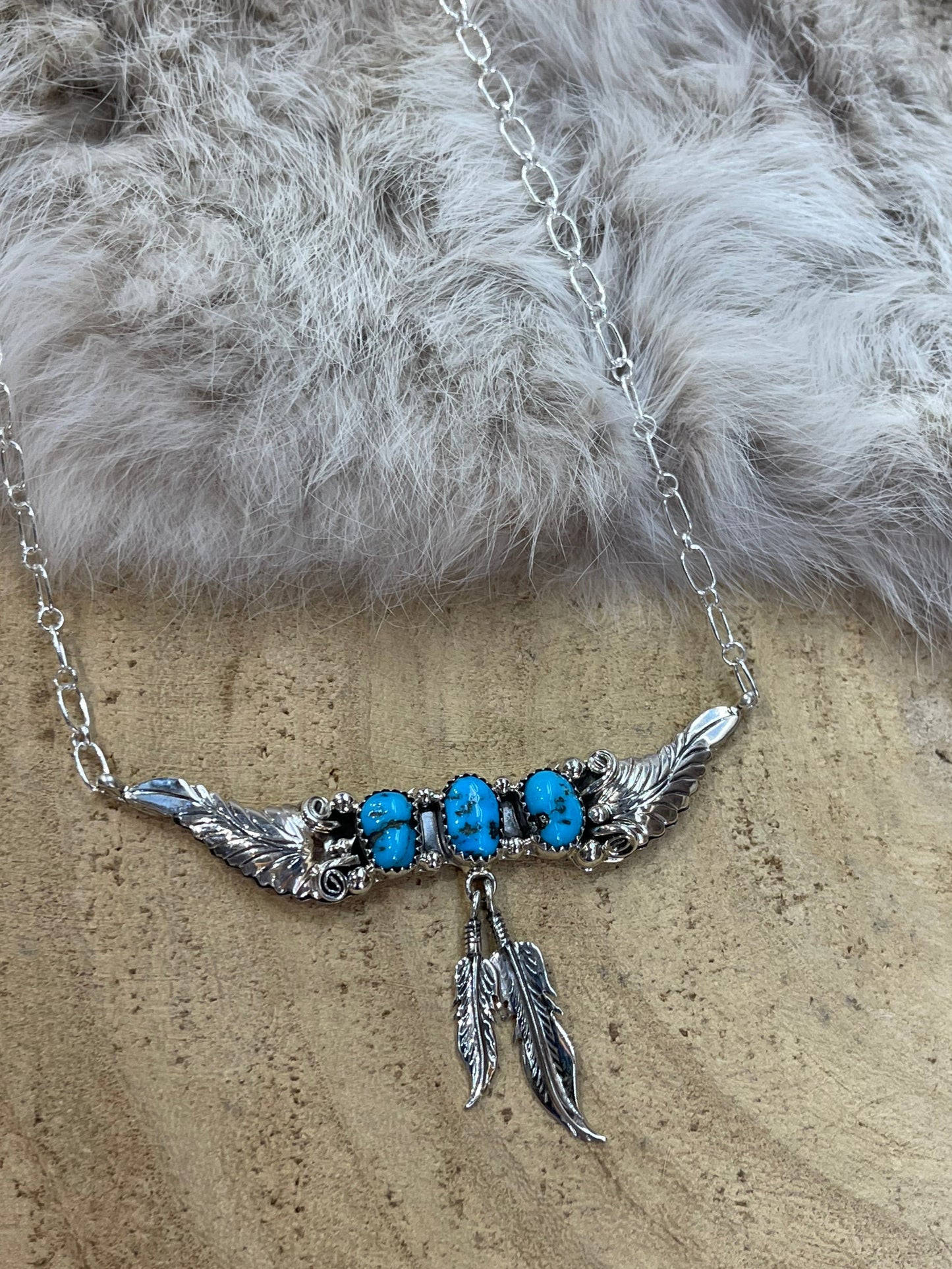 18" Feather Necklace with Kingman Turquoise by Sadie Jim, Navajo