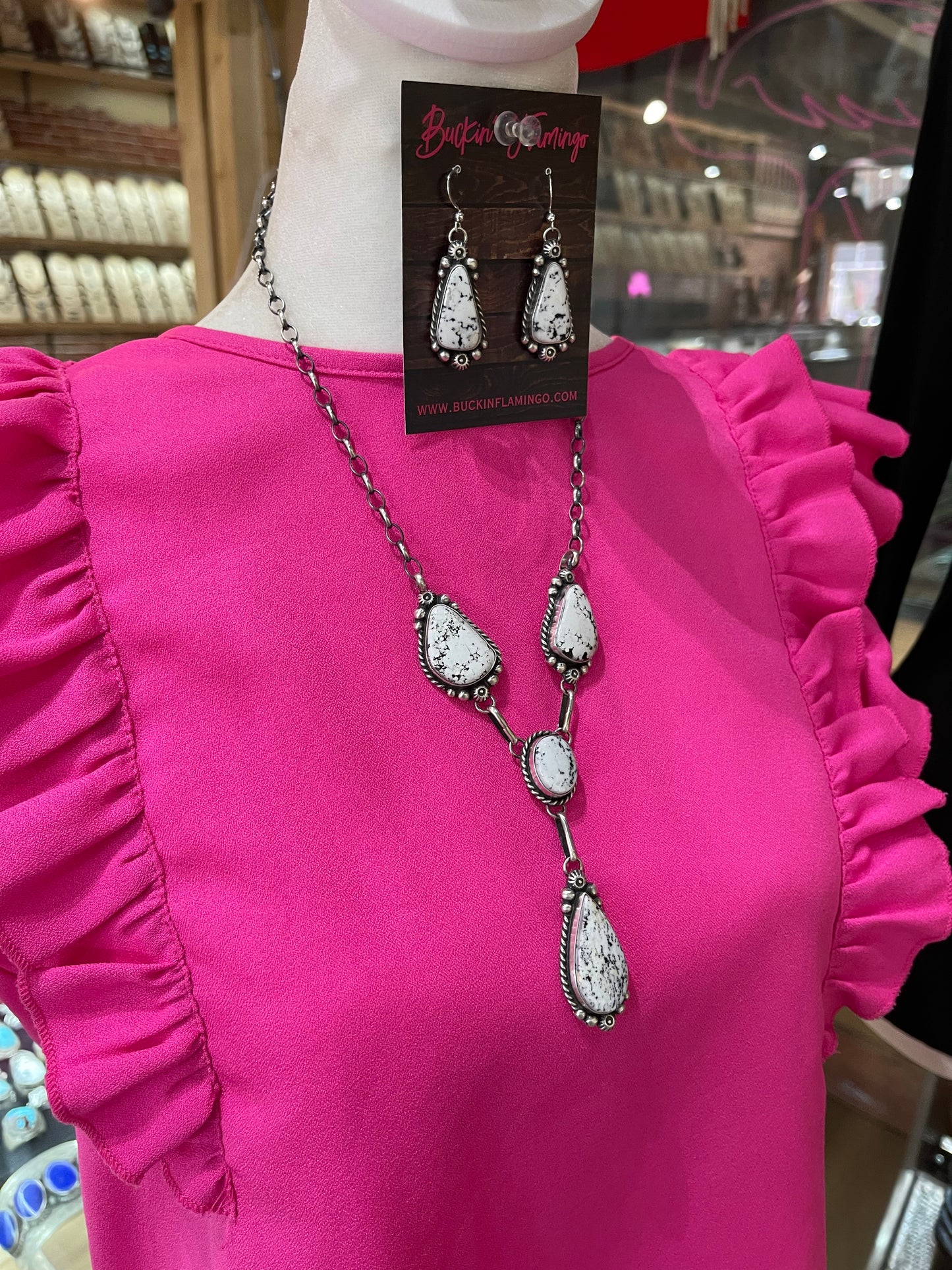 26" White Buffalo Lariat Necklace and Dangle Earrings Set by Anne Spencer, Navajo