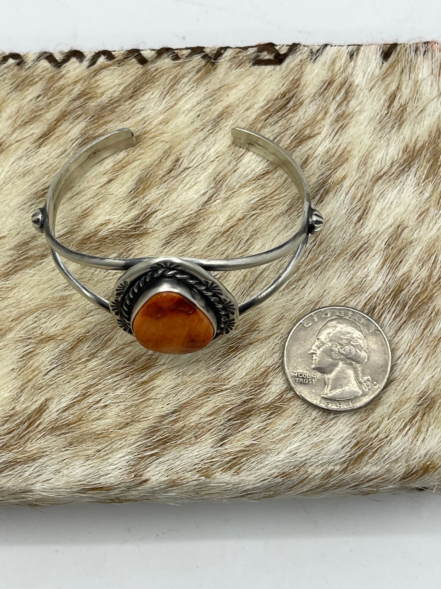 7 3/4"-7 1/4" Teardrop Orange Spiny Oyster Shell Cuff by Augustine Largo, Navajo