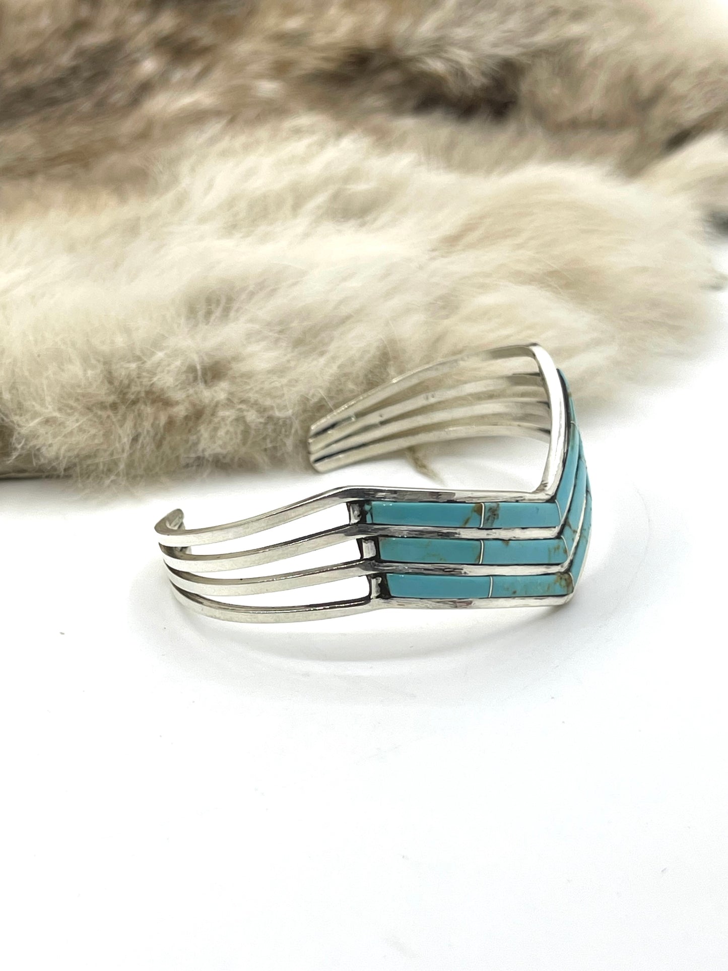 6.25" 3 Row Turquoise Inlay Chevron Cuff by Jamie Johnson, Navajo