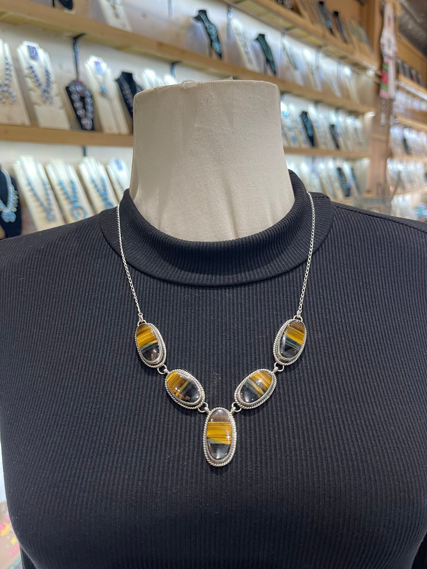 22' Tiger’s Eye Necklac end Earring Set by Joe Begay, Navajo