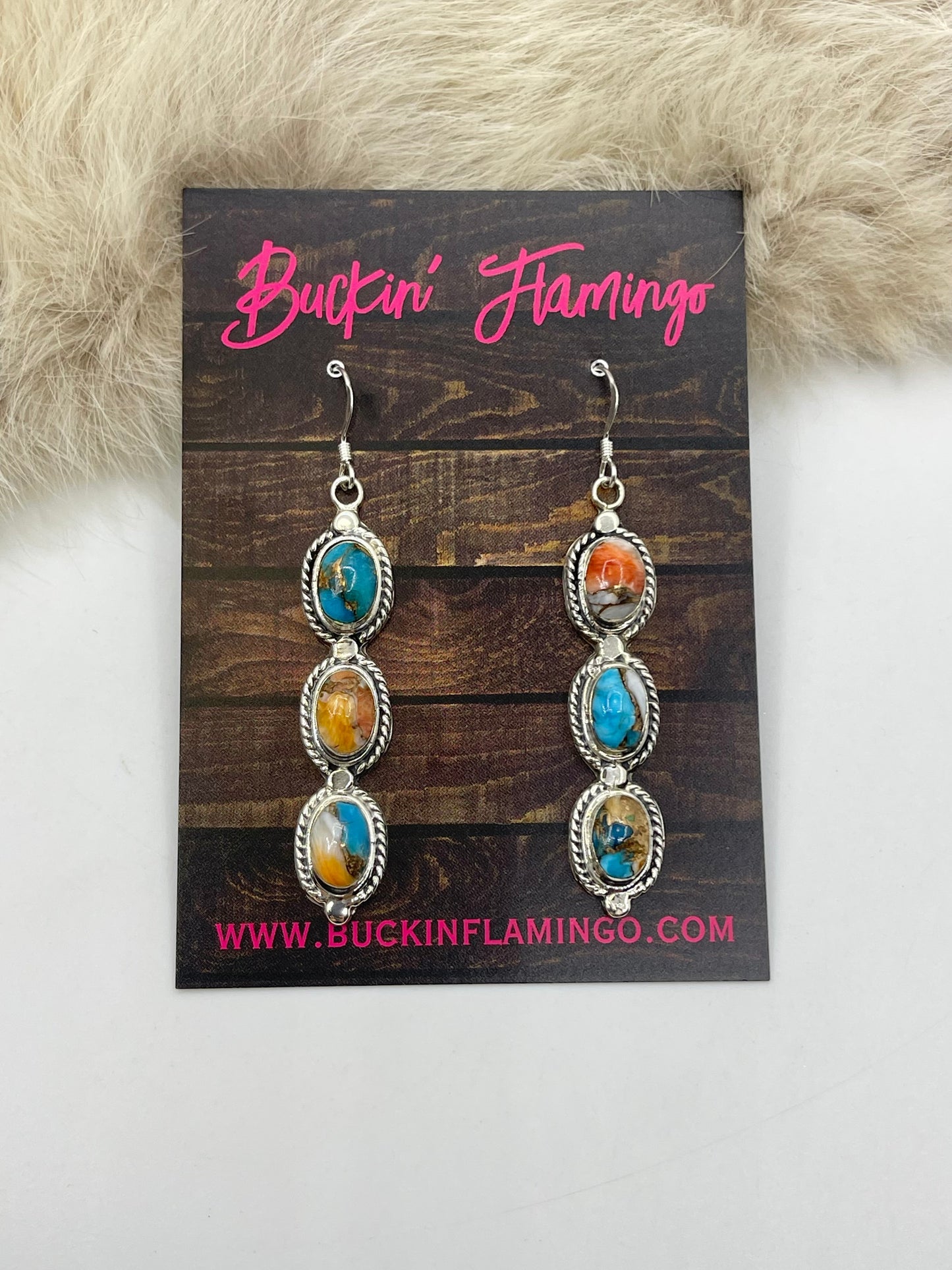3 Stone Orange Crush Drop Dangle Earrings by Jennifer Yazzie, Navajo