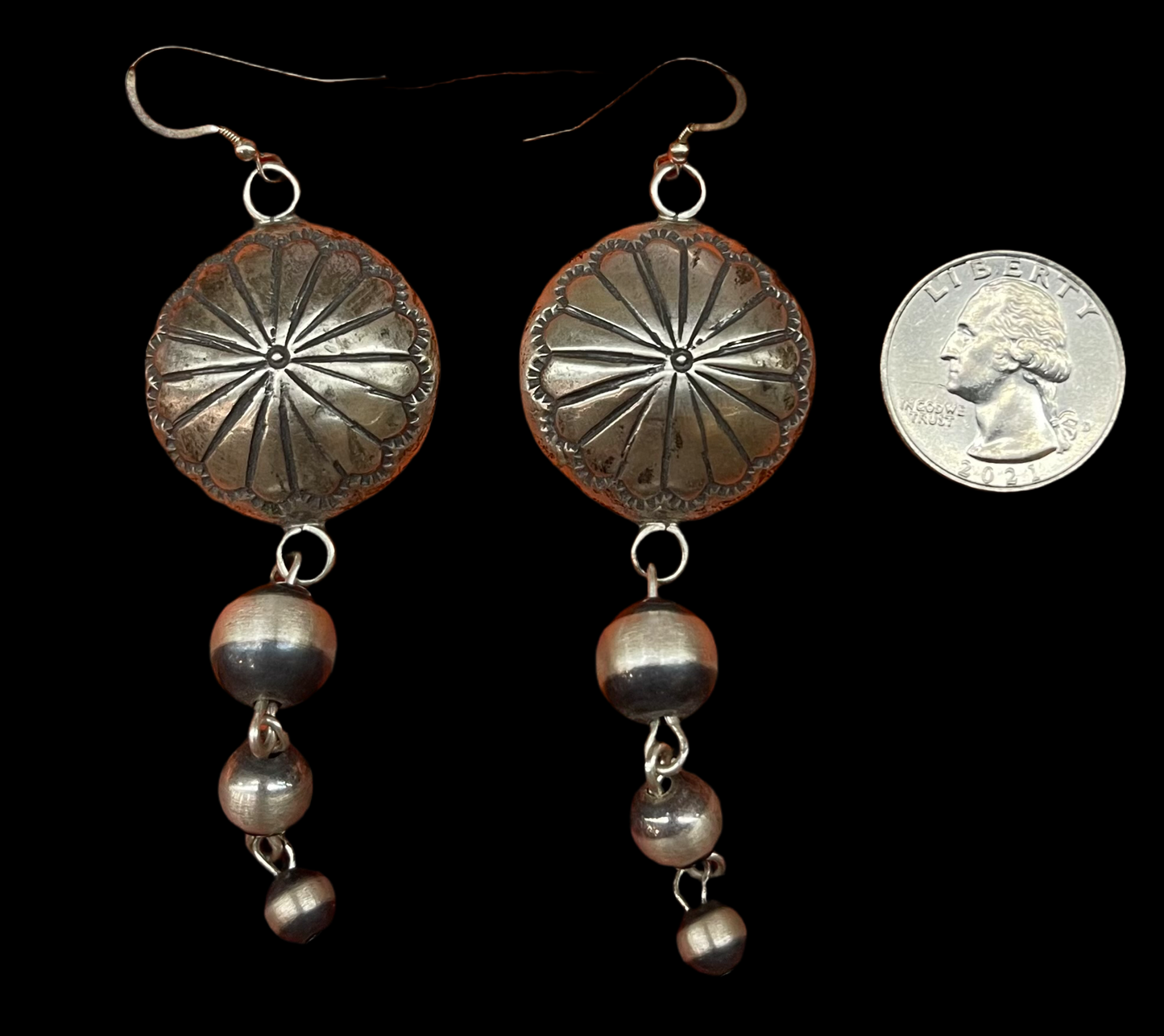 Stamped Serling Silver Discs with Graduating Navajo Pearl Dangle Earrings by Russell Sam, Navajo