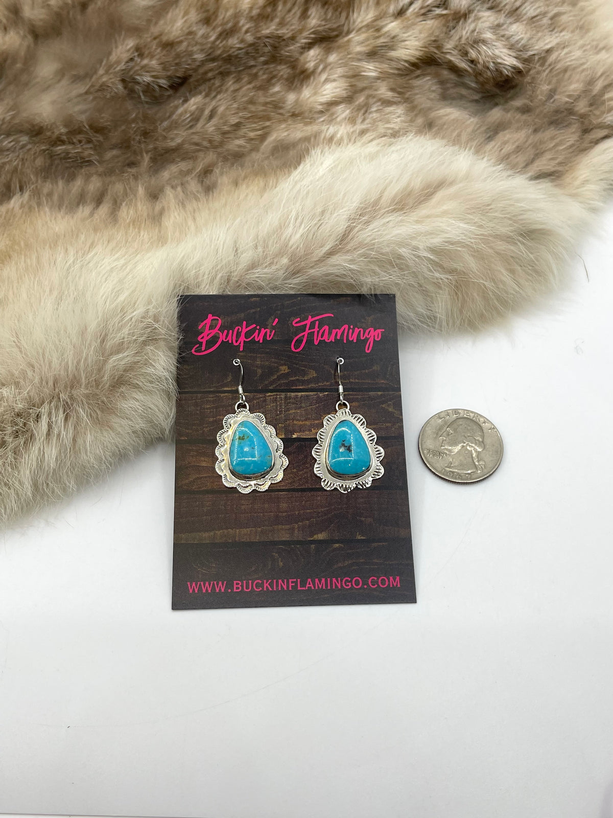 Turquoise Teardrop Earrings with Silver Scallop Border by Annette Martinez, Navajo
