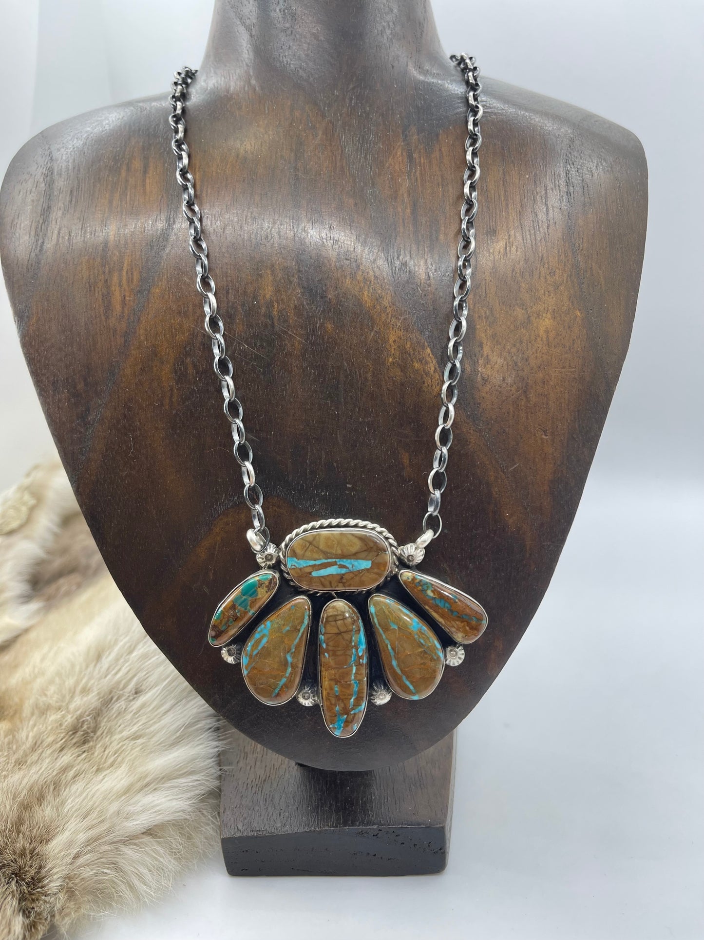 19" Boulder Ribbon Turquoise Half Cluster Necfklace by Augustine Largo, Navajo