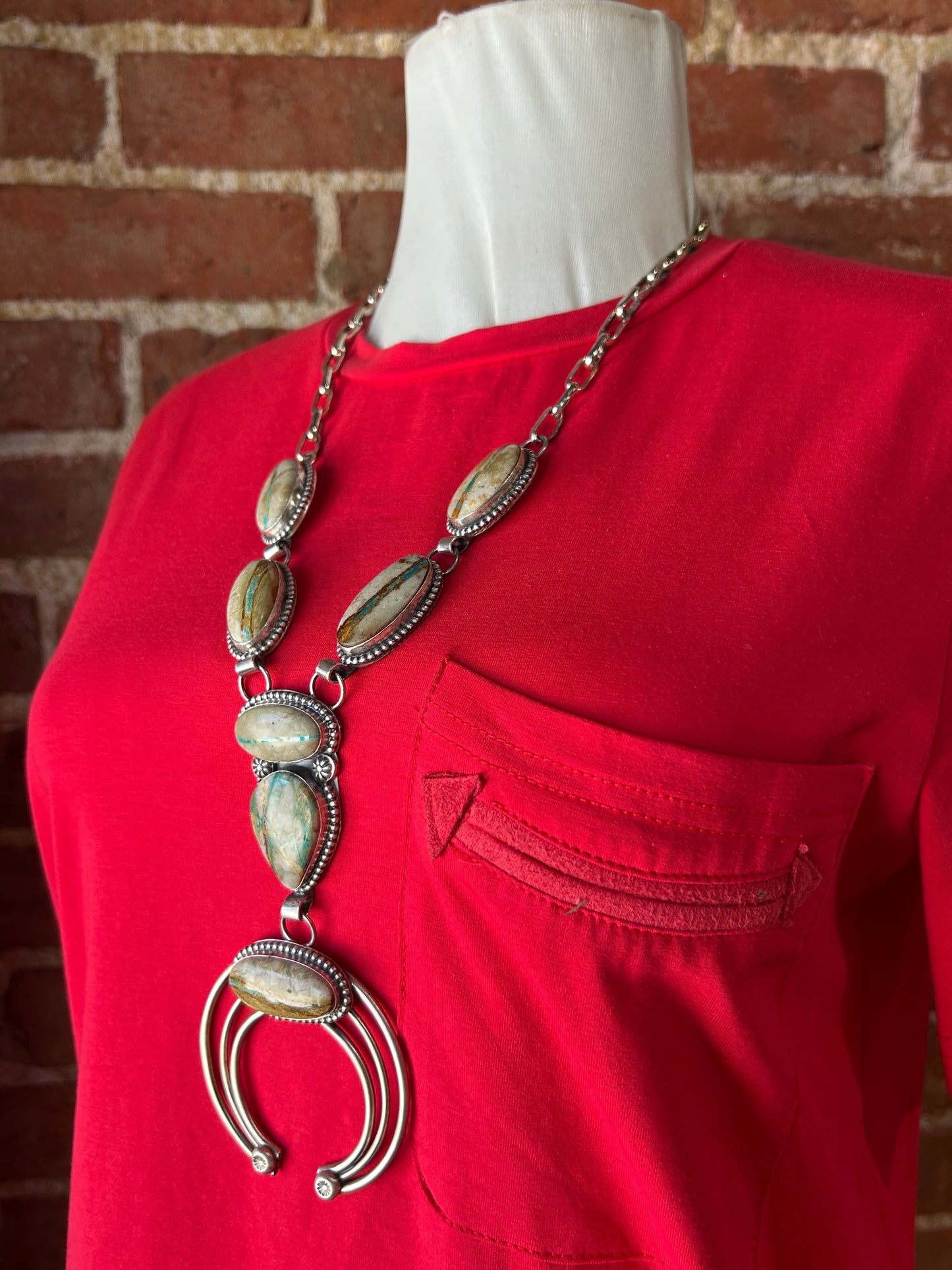 Boulder Ribbon Turquoise Lariat Naja Hook Necklace by Delbert Secatero, Navajo 24”