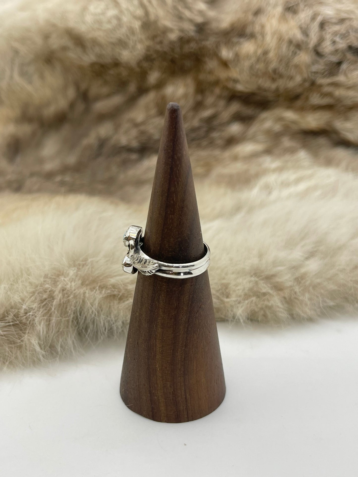 8.0 2 Stone Turquoise Ring with Feathers by Charles B. Yazzie, Navajo