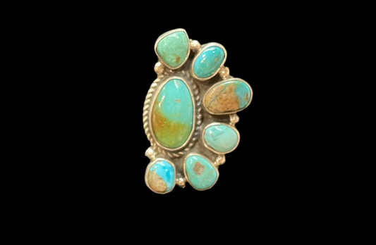 6.0-9.0 Adjustable Kingman Turquoise Half Cluster Ring by Geraldine James, Navajo