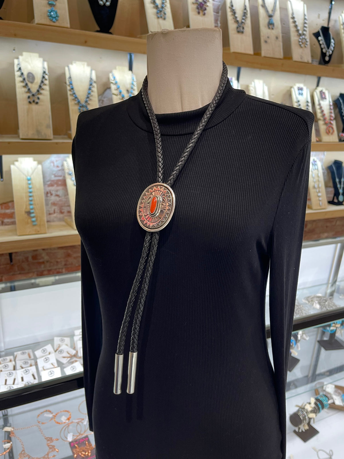 Red Coral Belt Buckle & Bolo Tie Set by Leonard Nez, Navajo