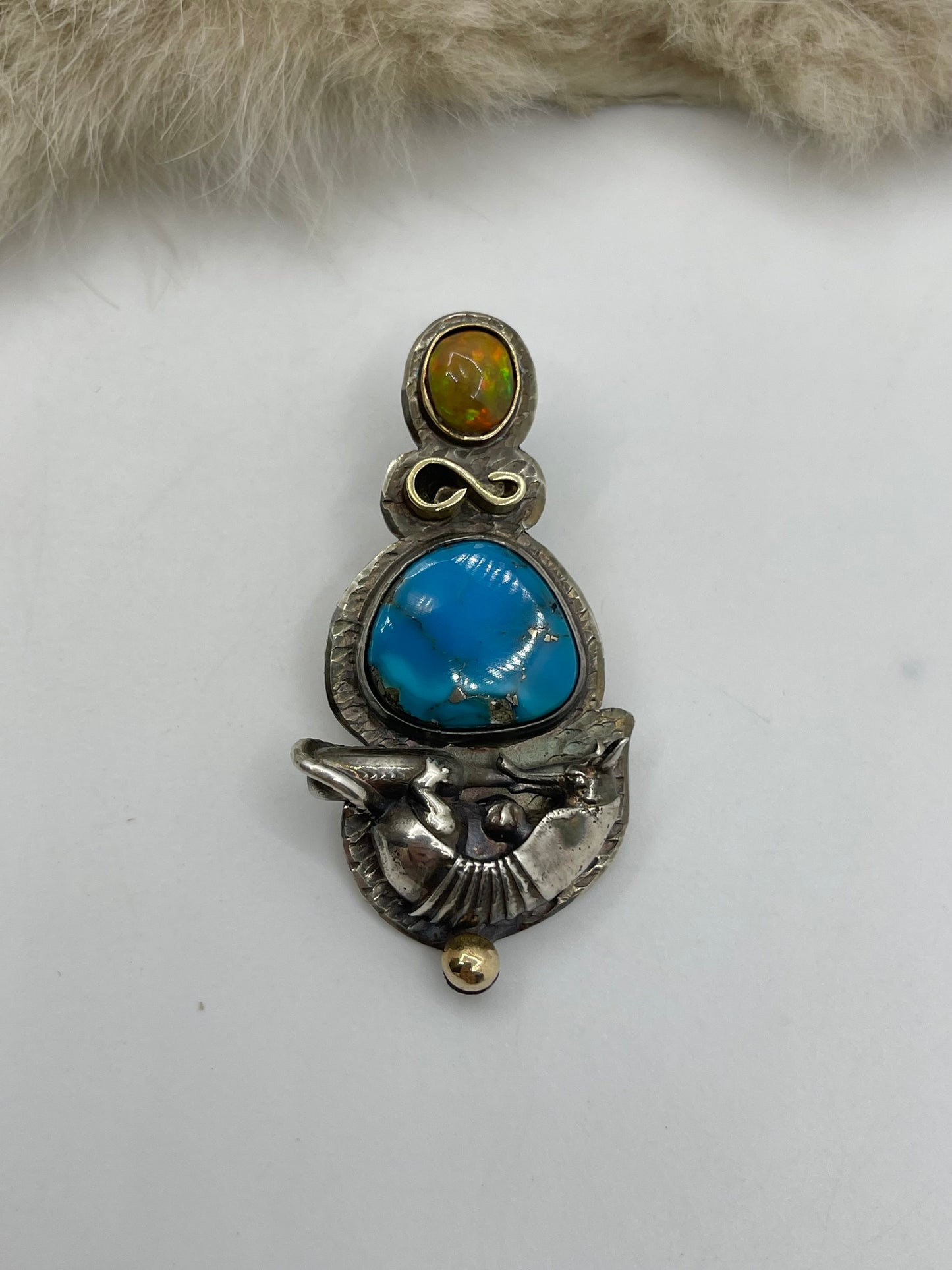 “Space Armadillo” 14k Gold & Sterling Blue Kingman Turquoise & Natural Opal by Bad Bronc