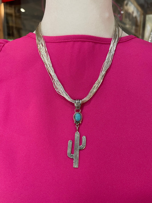 18" 20 Strand Liquid Silver Necklace with a Turquoise Cactus Pendant by Annie Spencer, Navajo