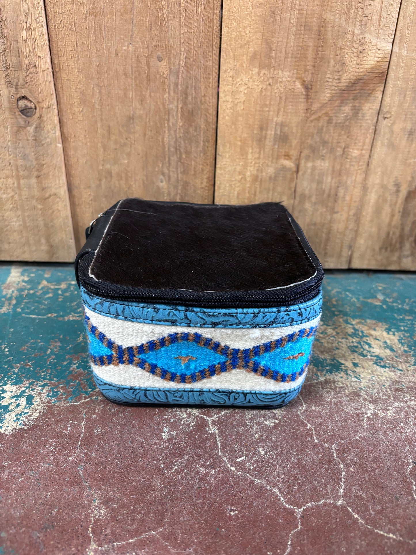 Small Square Black Cowhide Blue And White Knitted Jewelry Box