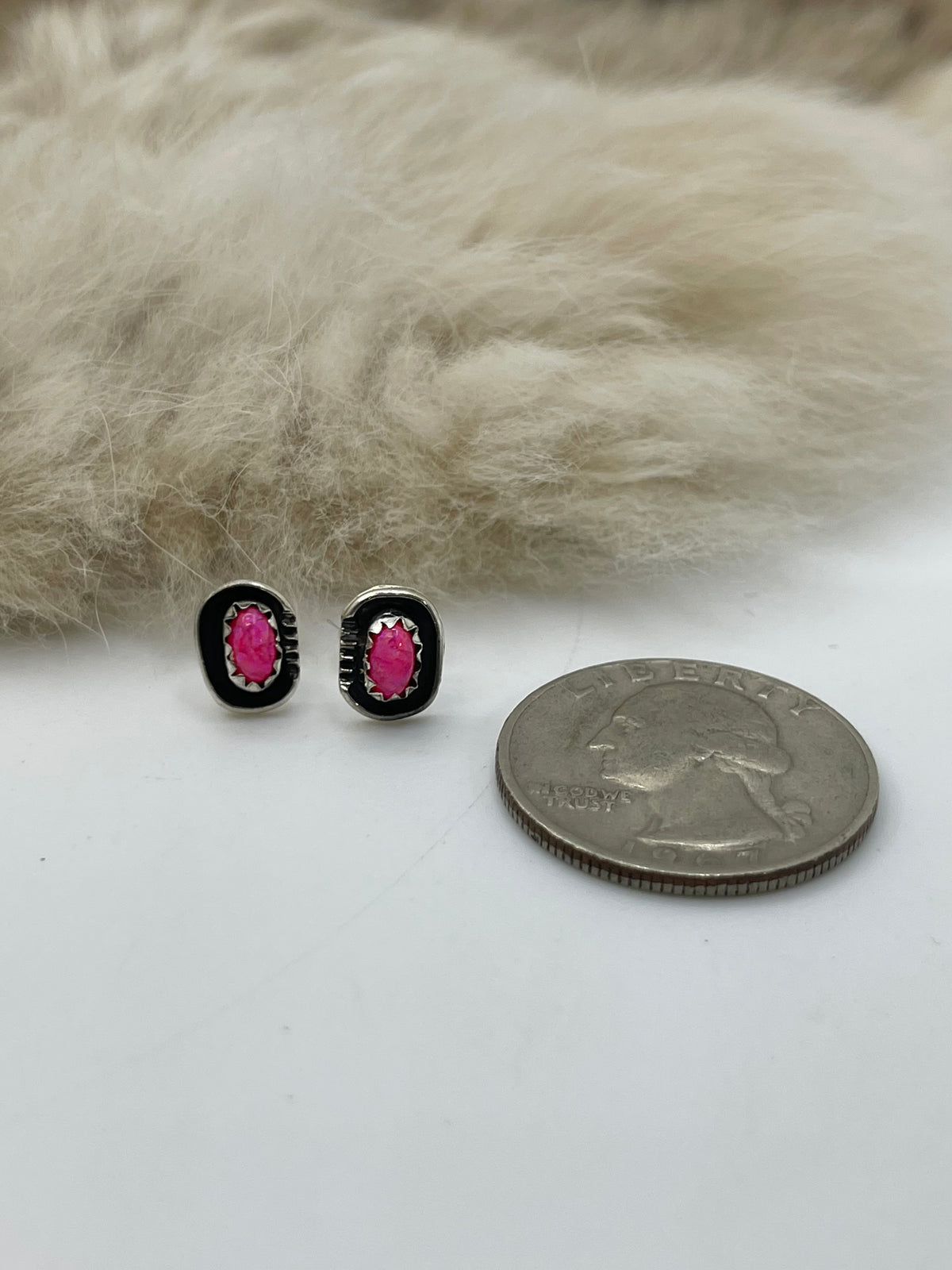 Hot Pink Opal Post Earrings by Roselene Joe, Navajo