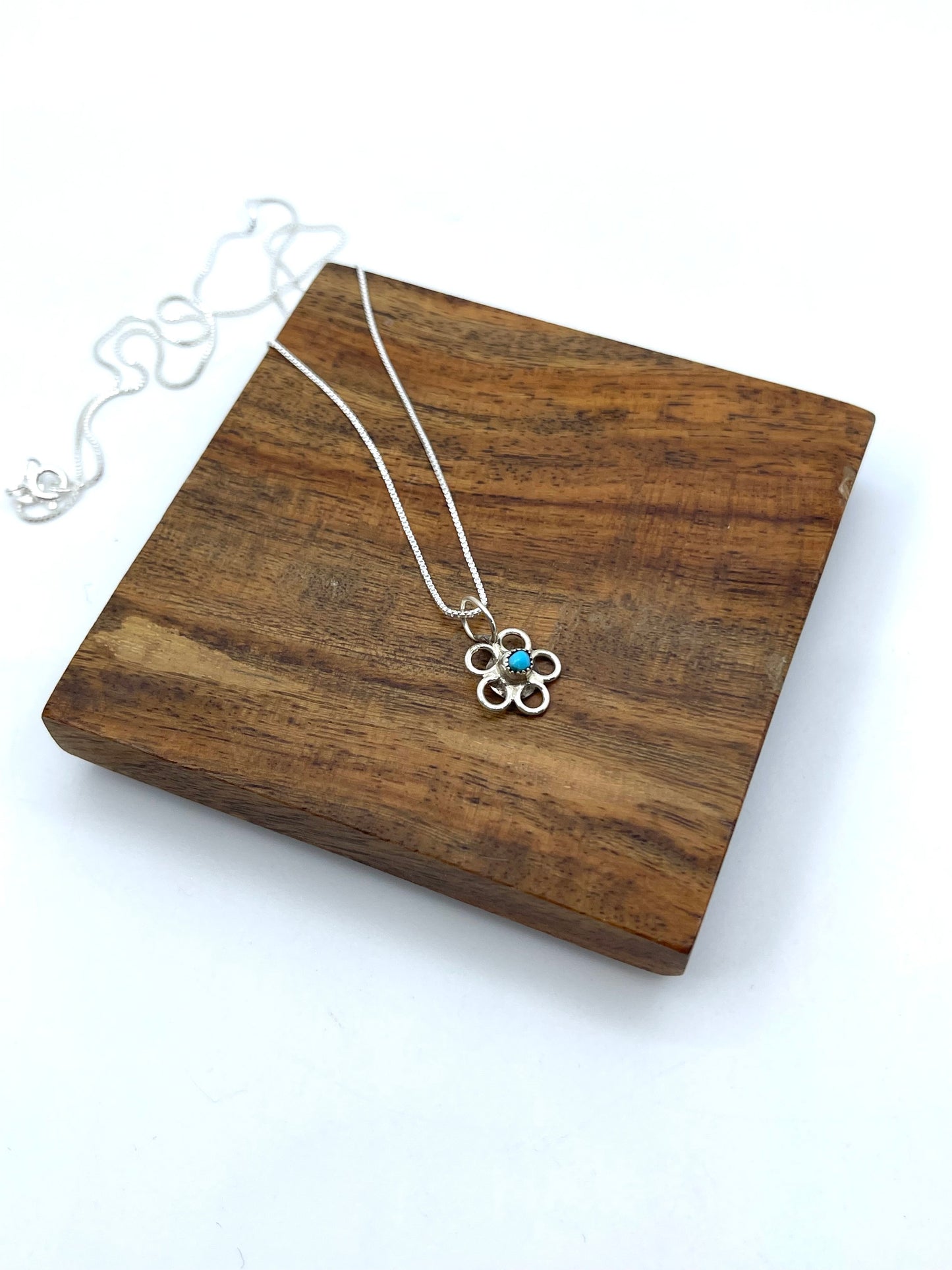 18” Chain with Turquoise Tiny Flower Pendant by Connie Bowannie, Zuni