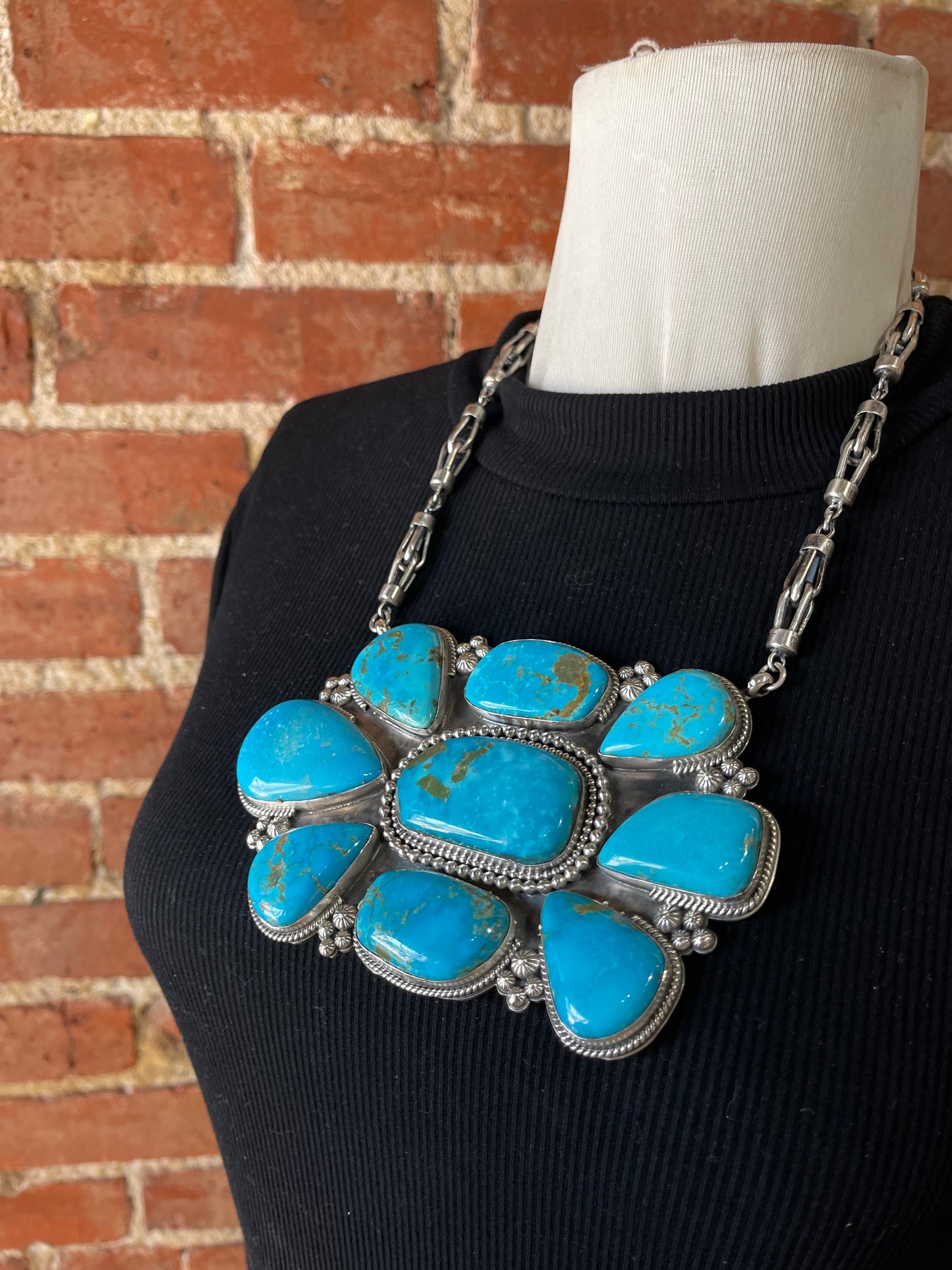 Giant 18" 9 Stone Kingman Turquoise Cluster Necklace by Gilbert Platero, Navajo