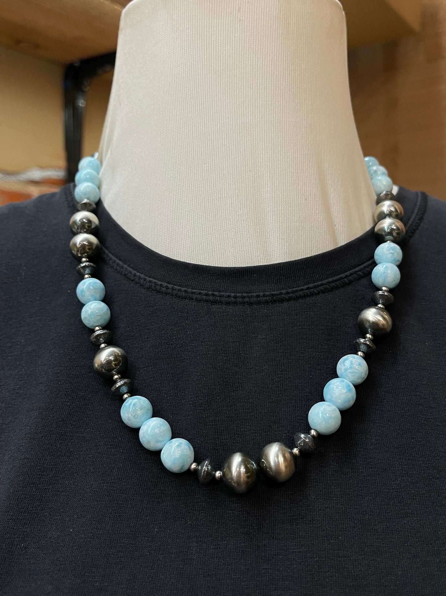 22" Necklace with 12mm Larimar and Navajo Style Pearls