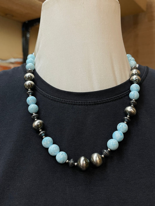 22" Necklace with 12mm Larimar and Navajo Style Pearls