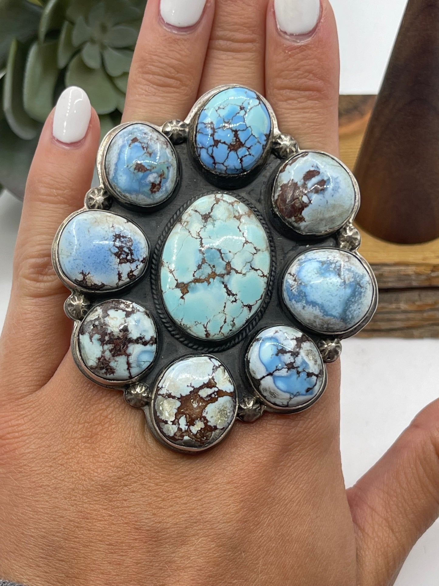 Golden Hills Turquoise Cluster Adjustable Ring by Steven Nez, Navajo