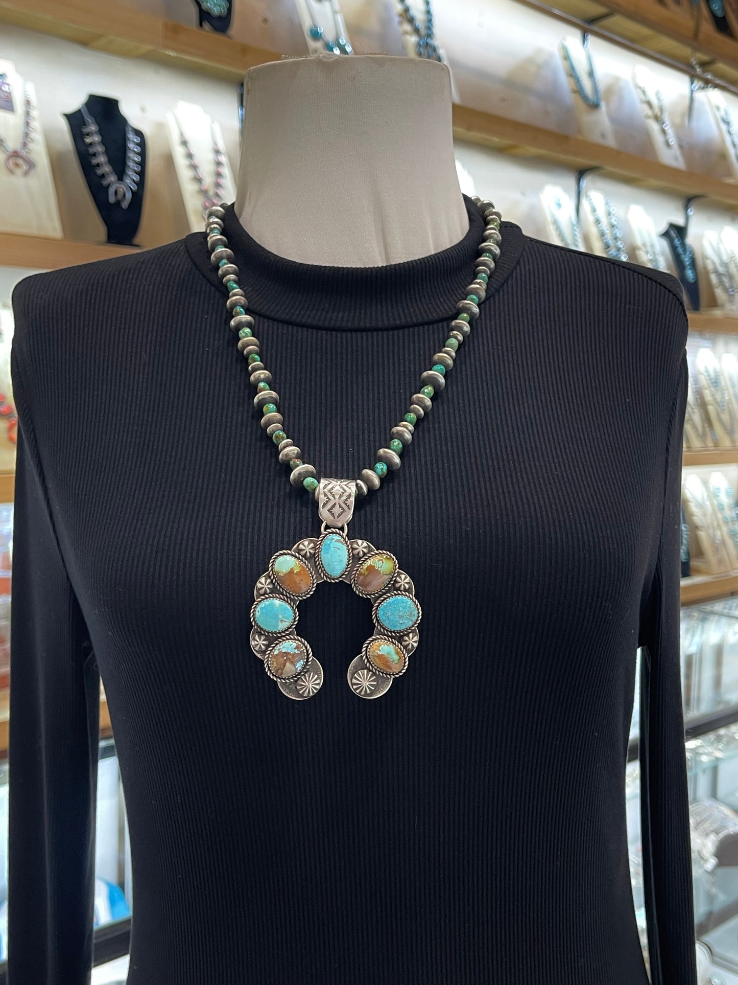 24” Handmade Navajo Pearls Reversible 11mm Bail Mercury Dimes Turquoise Naja Pendant by James Begay, Jr., Navajo