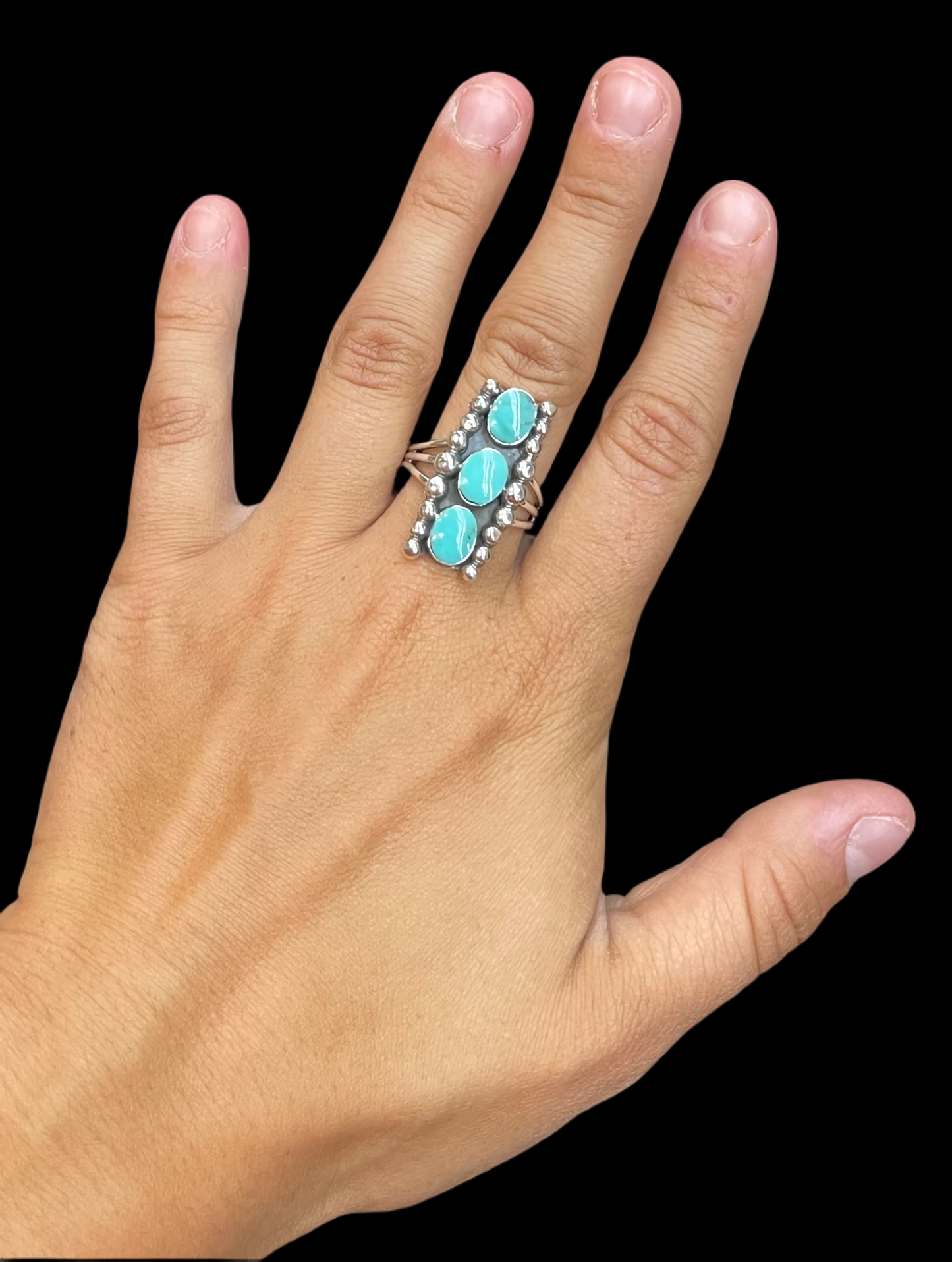 3 Stone Turquoise Ring by Sadie Jim, Navajo