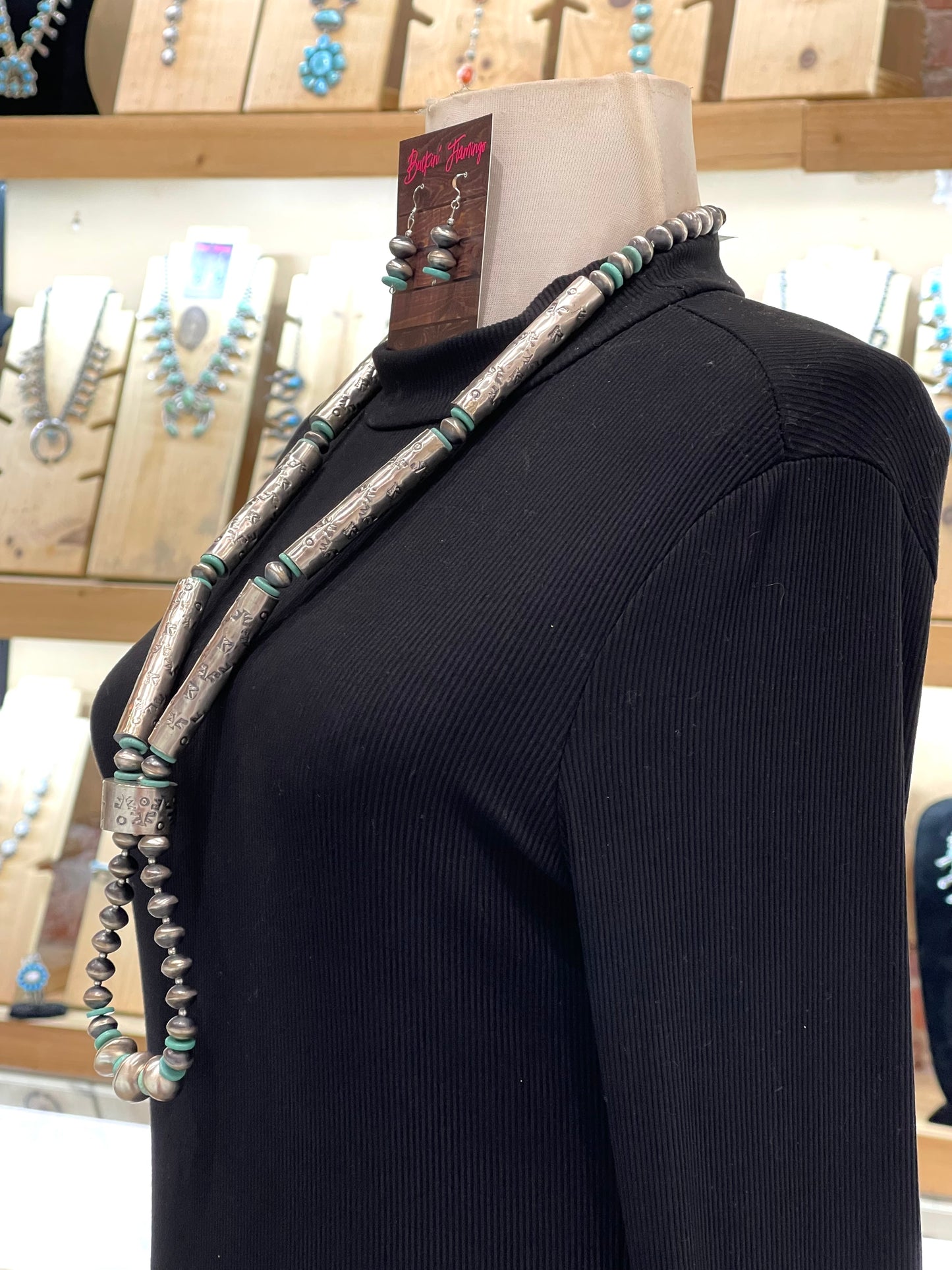 Handmade & Stamped Barrel Bead Navajo Pearls & Turquoise w/Jacla & Earrings by Kaylin Nakai, Navajo