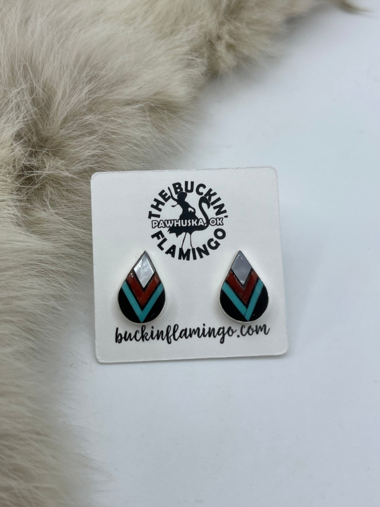 Teardrop Post Earrings with Chevron Inlay by James Cheama, Zuni