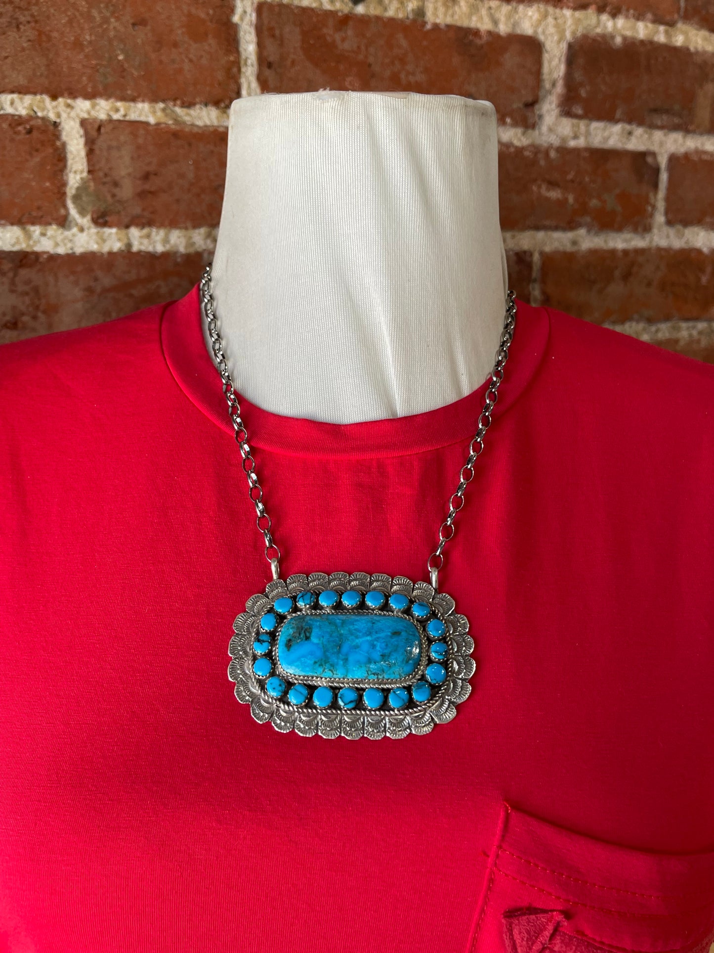 18" Kingman Turquoise Cluster Bar Necklace by Larry Etsitty, Navajo