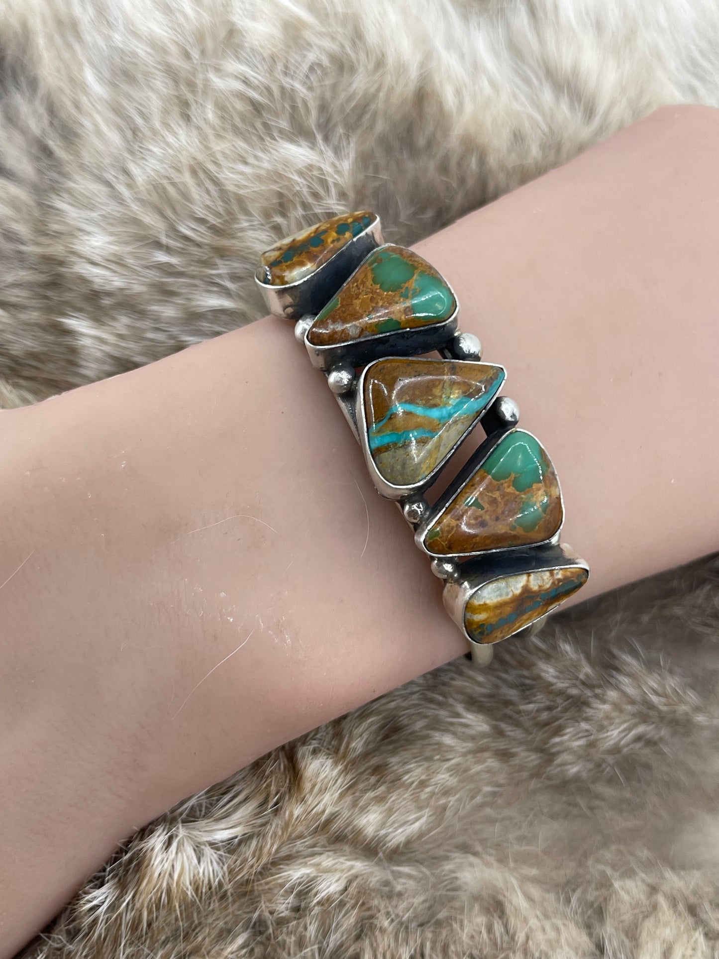 Boulder Turquoise 5 Stone Cuff by Augustine Largo, Navajo 5.5"-7"