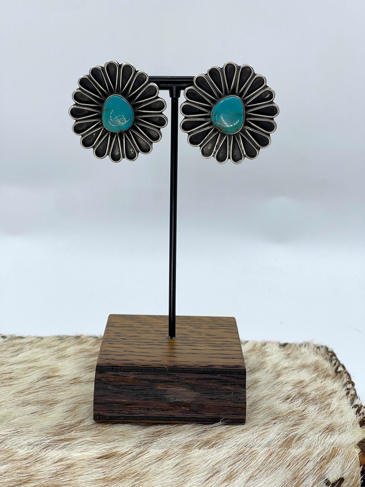 Turquoise Fan Flower Blossom Earrings by Geraldine James, Navajo