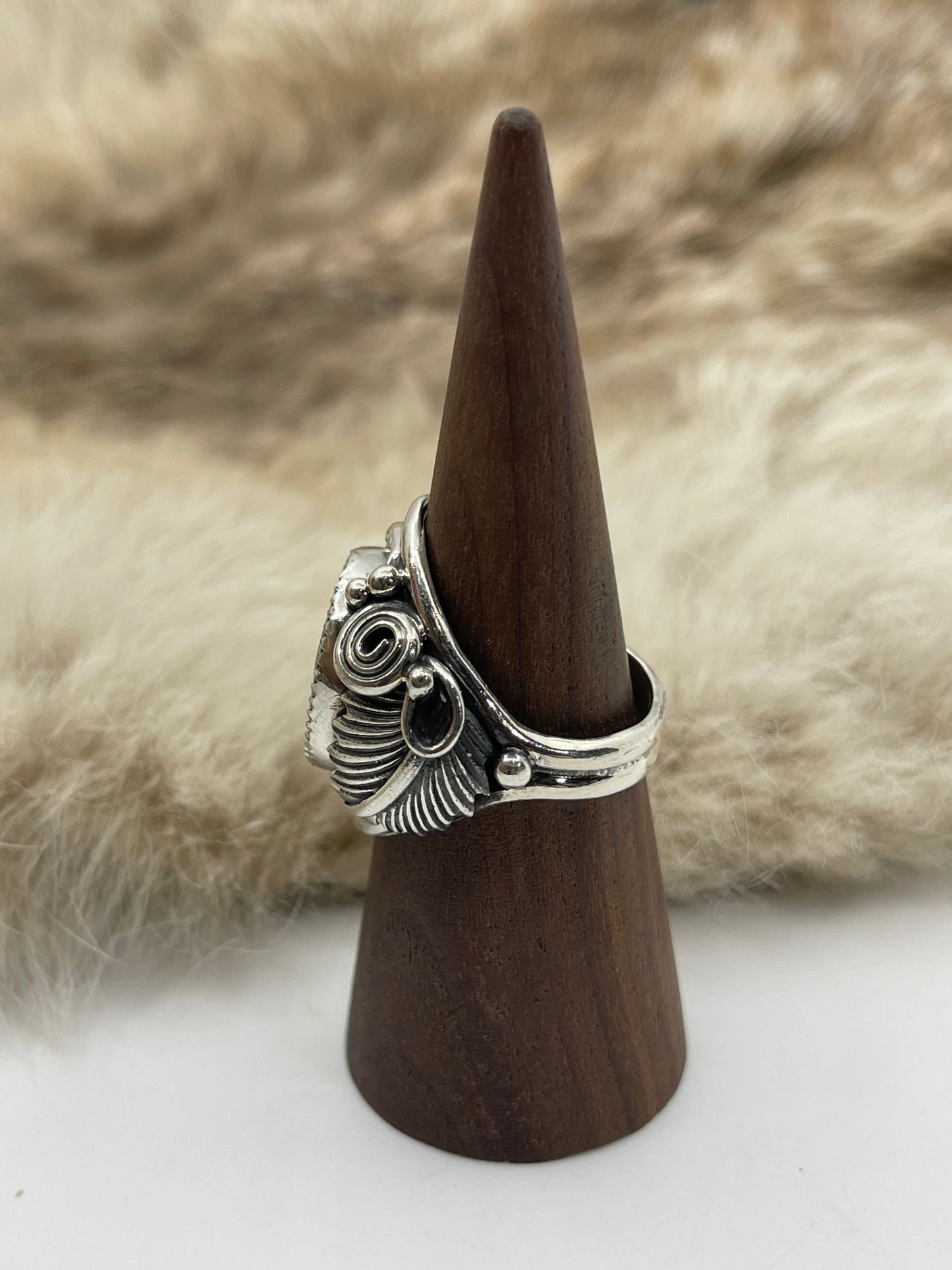10.0 Turquoise Ring with Feather by Darrell Morgan, Navajo
