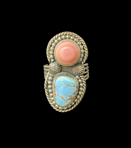 10.0 Pink Conch Shell and Golden Hills Turquoise Ring by Boyd Ashley, Navajo