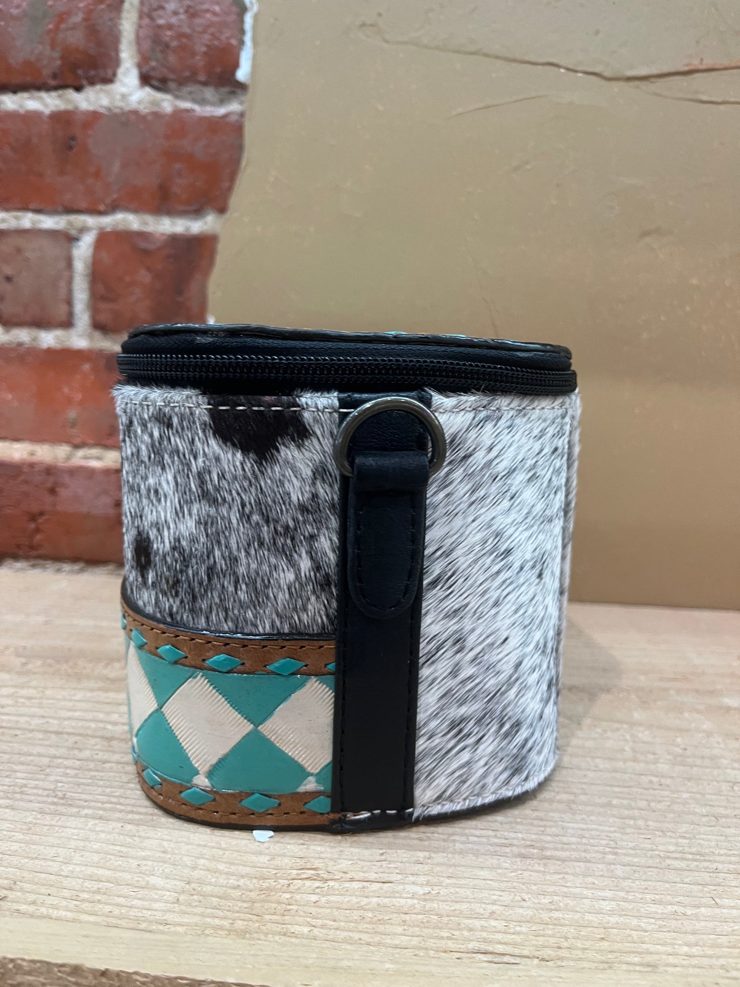 Cowhide and Leather Teal and Black Checkered Makeup Bag