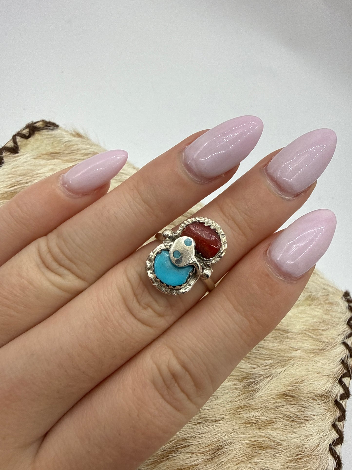 Red coral and Turquoise Ring by Effie Calabaza