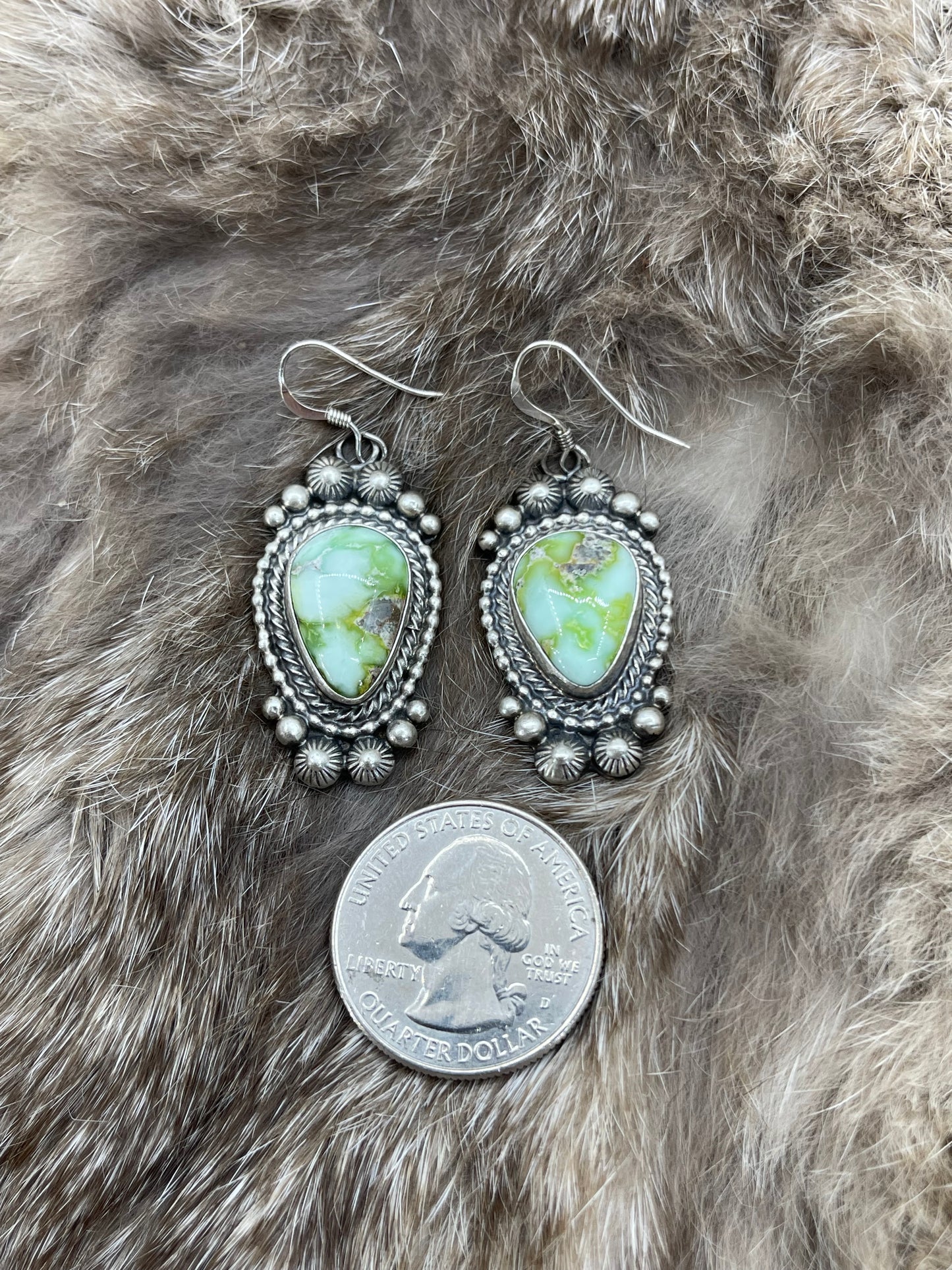 24"+3" Palomino Turquoise Squash Blossom and Dangle Earrings Set by Tom Lewis, Navajo