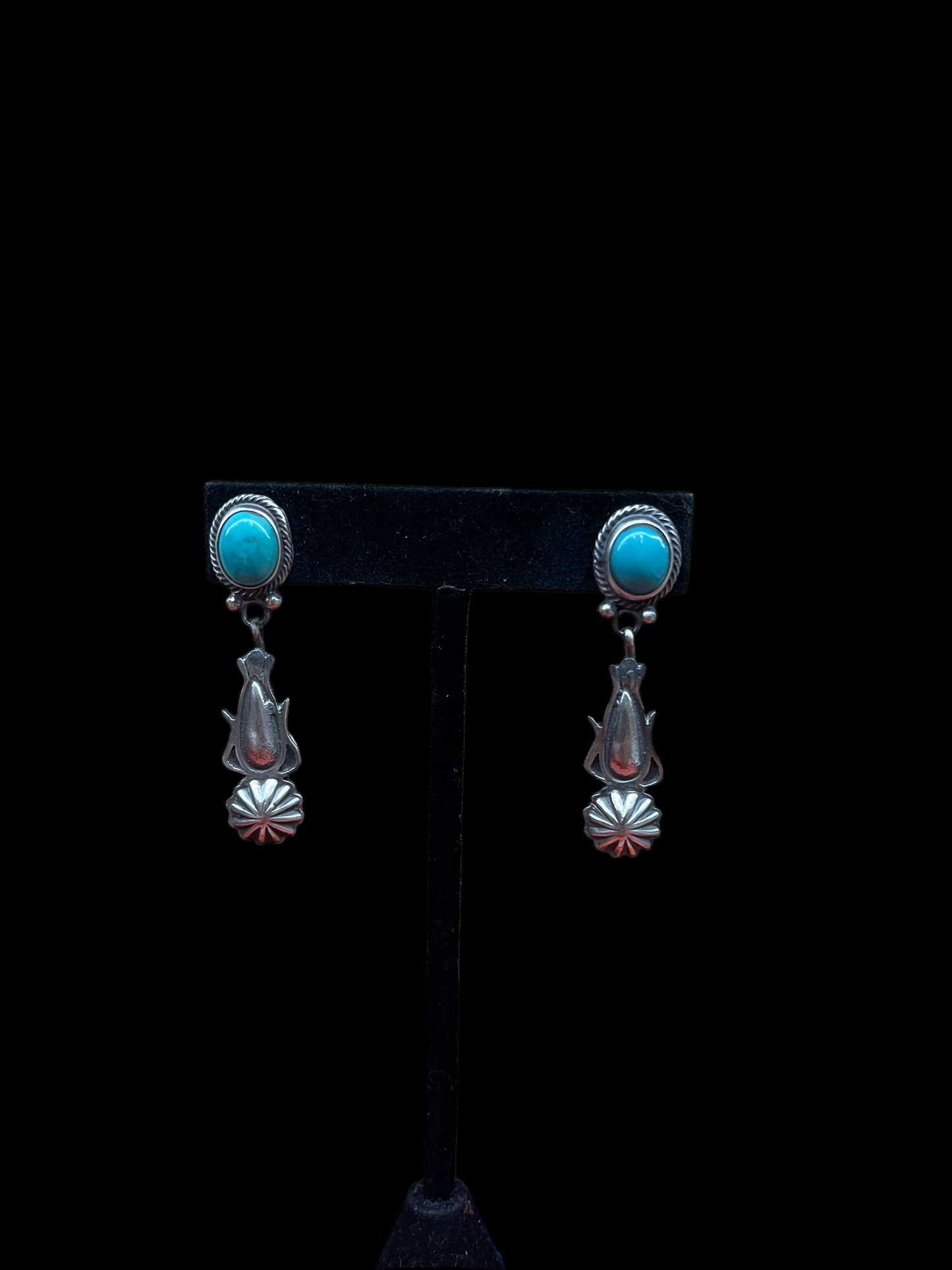 Turquoise and Dark Sterling Silver Dangle Earrings by Verley Betone, Navajo