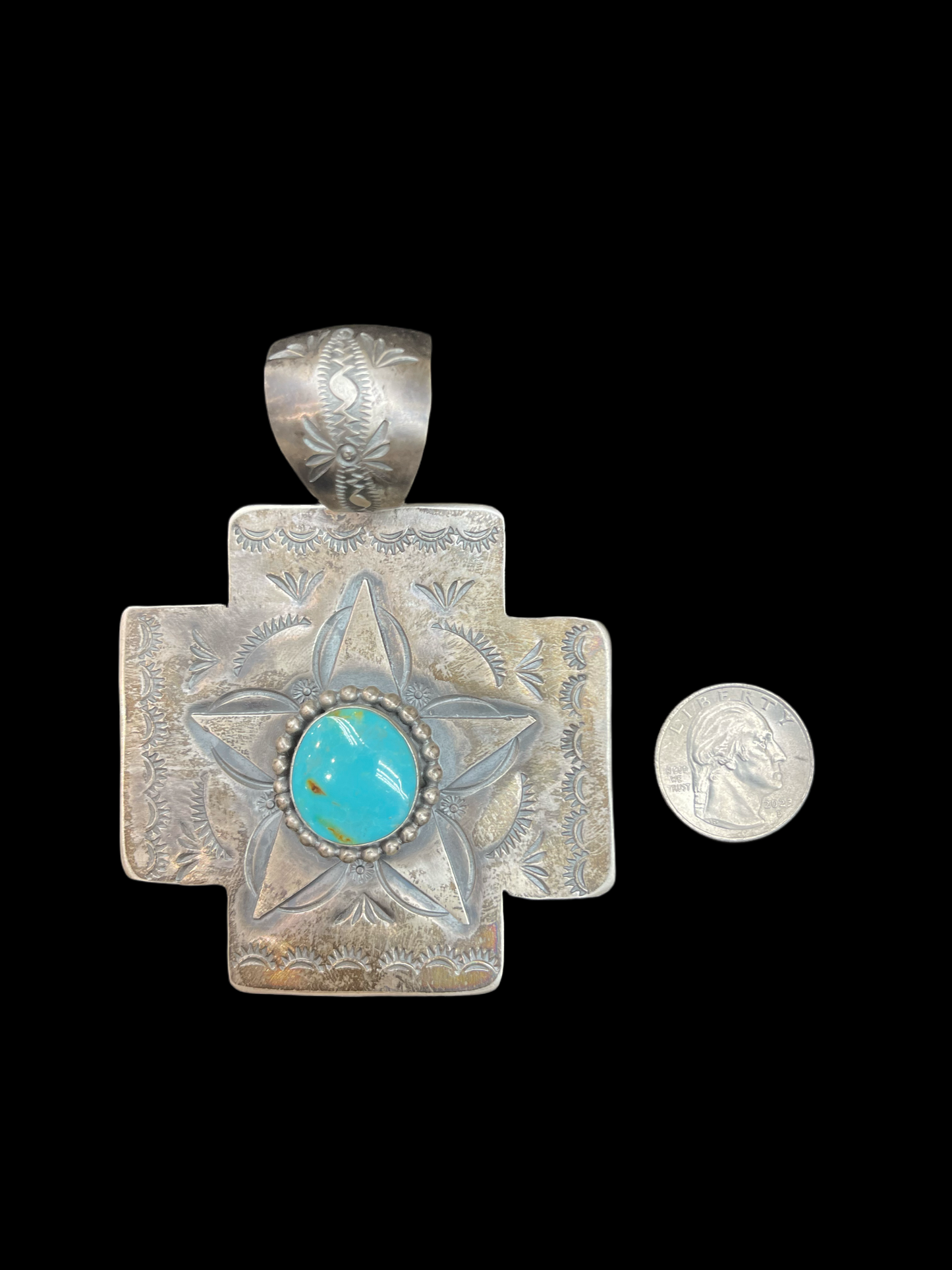 Hand Stamped Sterling Silver Pendant with Turquoise by Delbert Secatero, Navajo