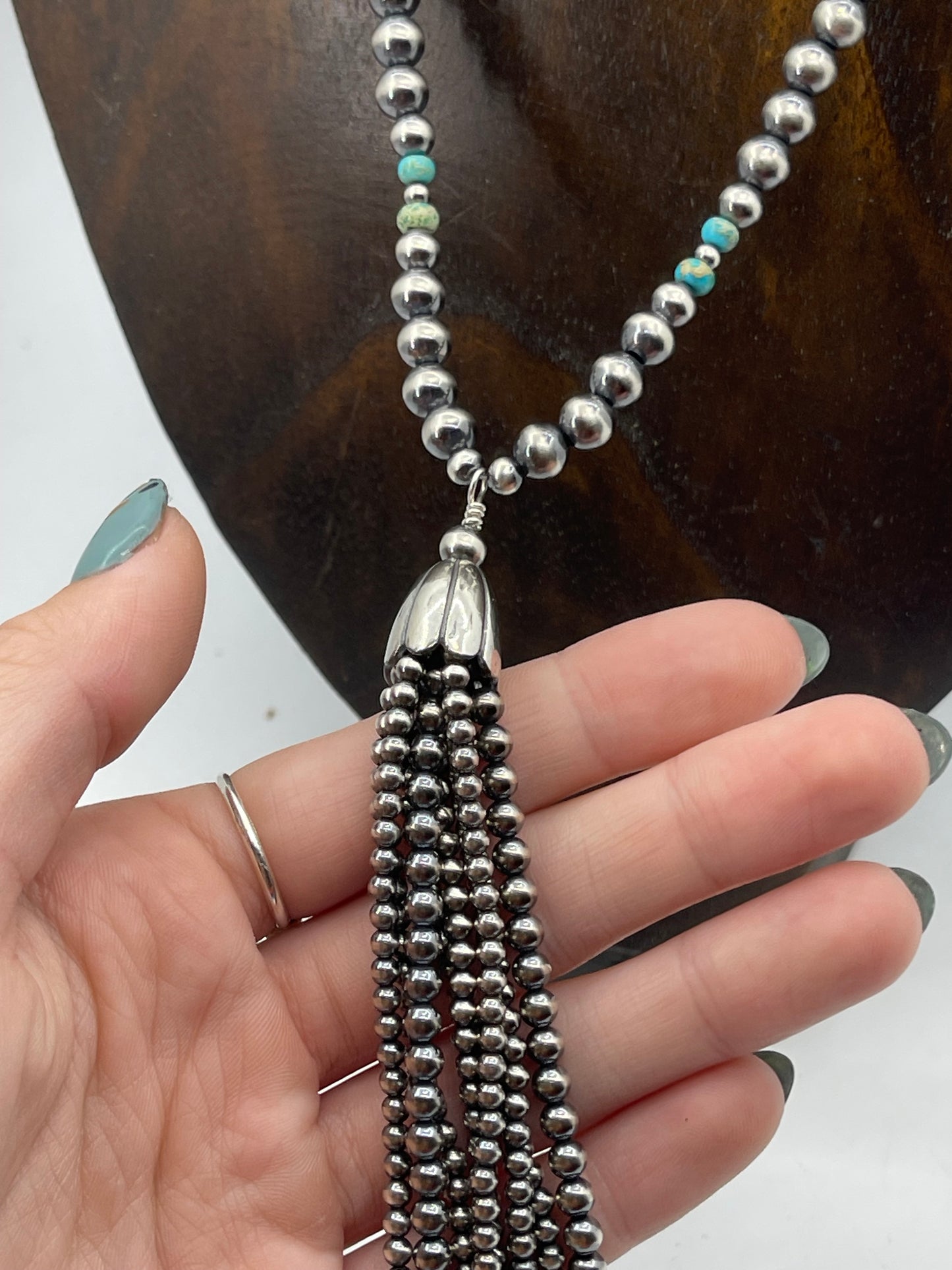 18" 6mm Navajo Pearls with a 5" Tassel Lariat Necklace