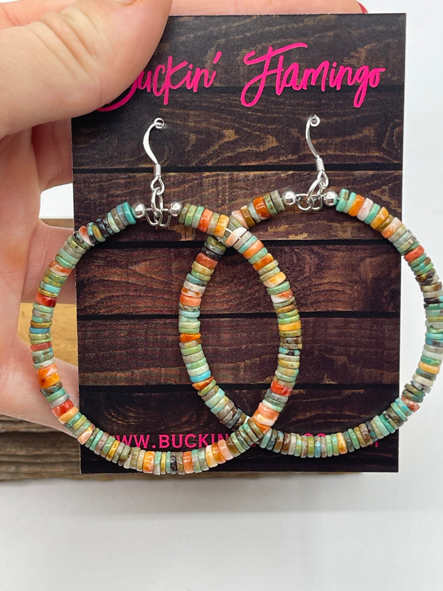 Turquoise and Spiny Oyster Shell Heishi Bead Dangle Hoop Earrings by Ramona Calabaza, Santo Domingo