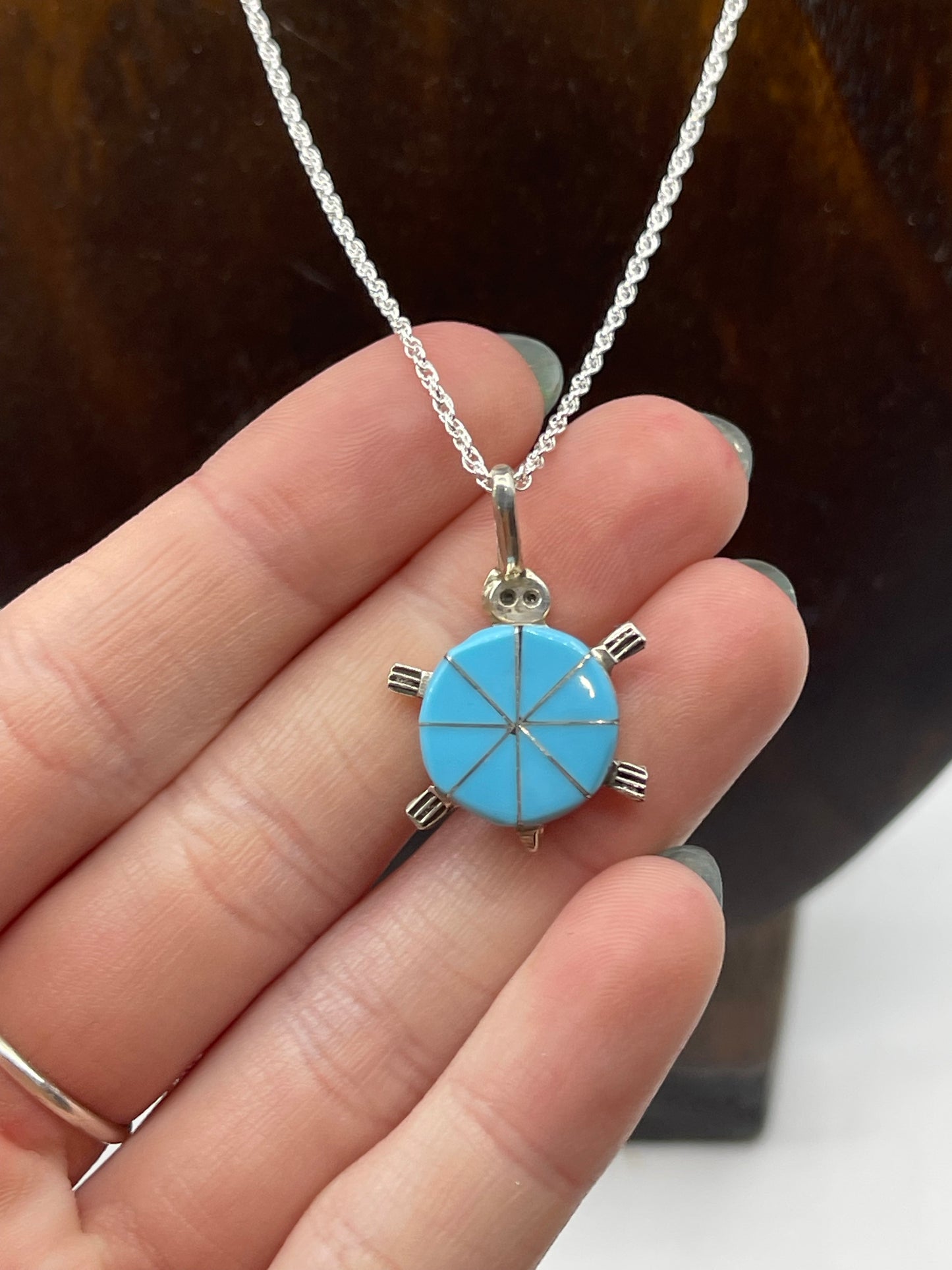 18" Inlaid Turquoise Turtle Necklace by Johnson Laweka, Zuni