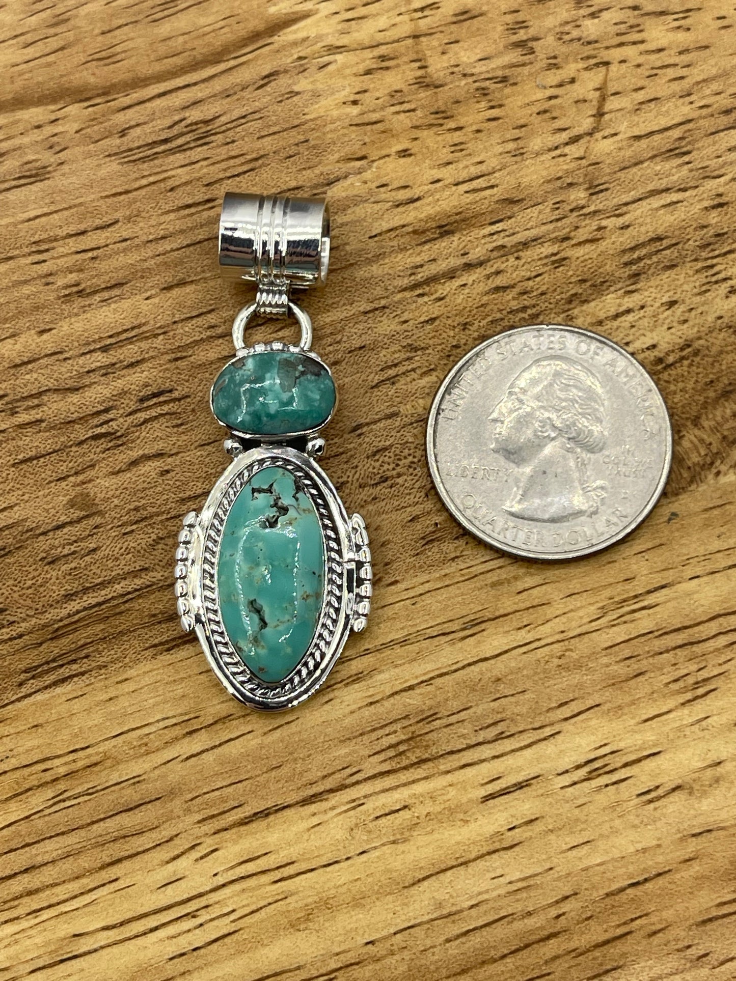 2 Stone Turquoise Oval Pendant with a 7.4mm Bale by Sadie Jim, Navajo (Matrix Varies)