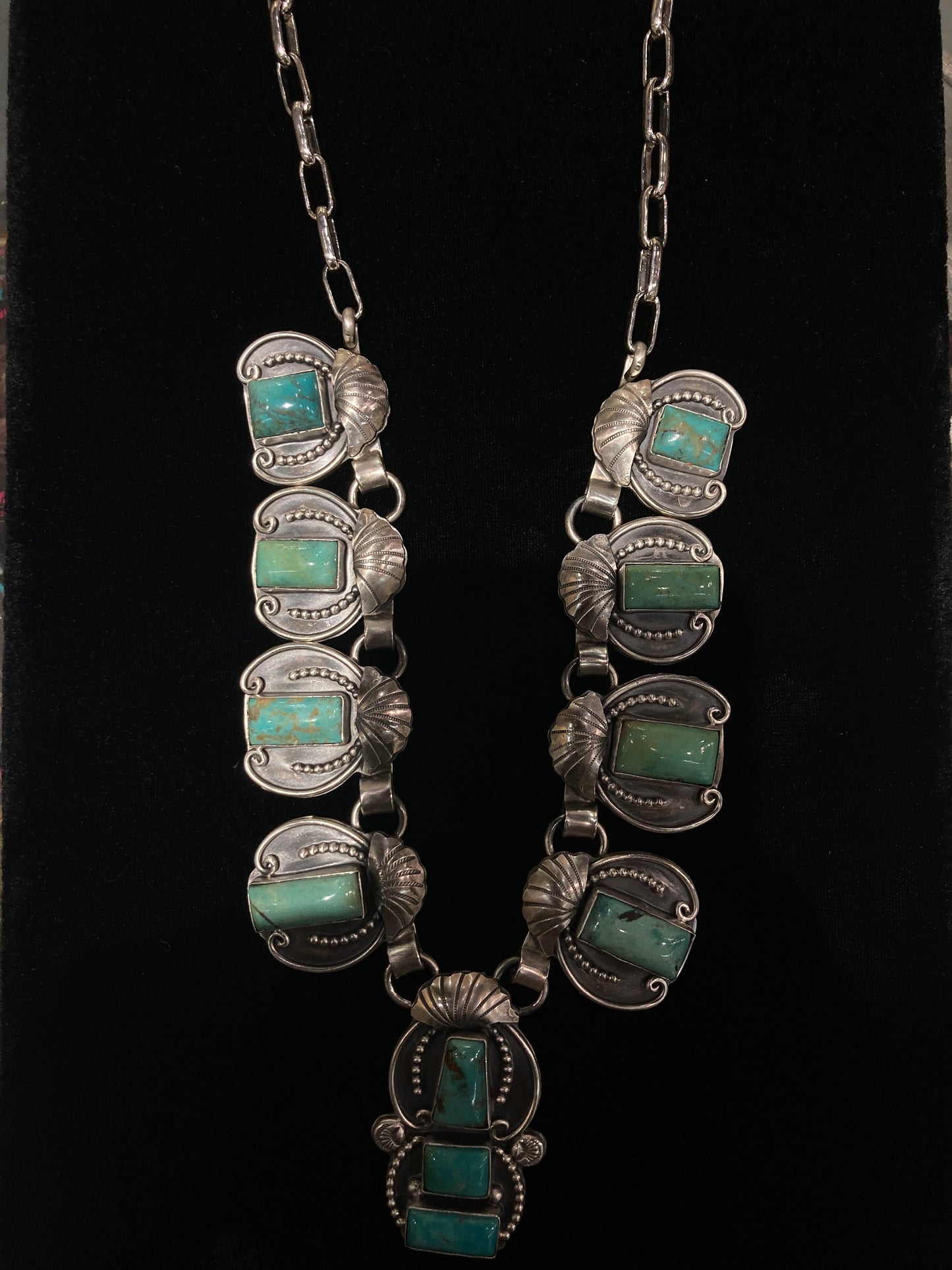 30" 11 Stone Gaspeite Turquoise Necklace by Jurado, Navajo