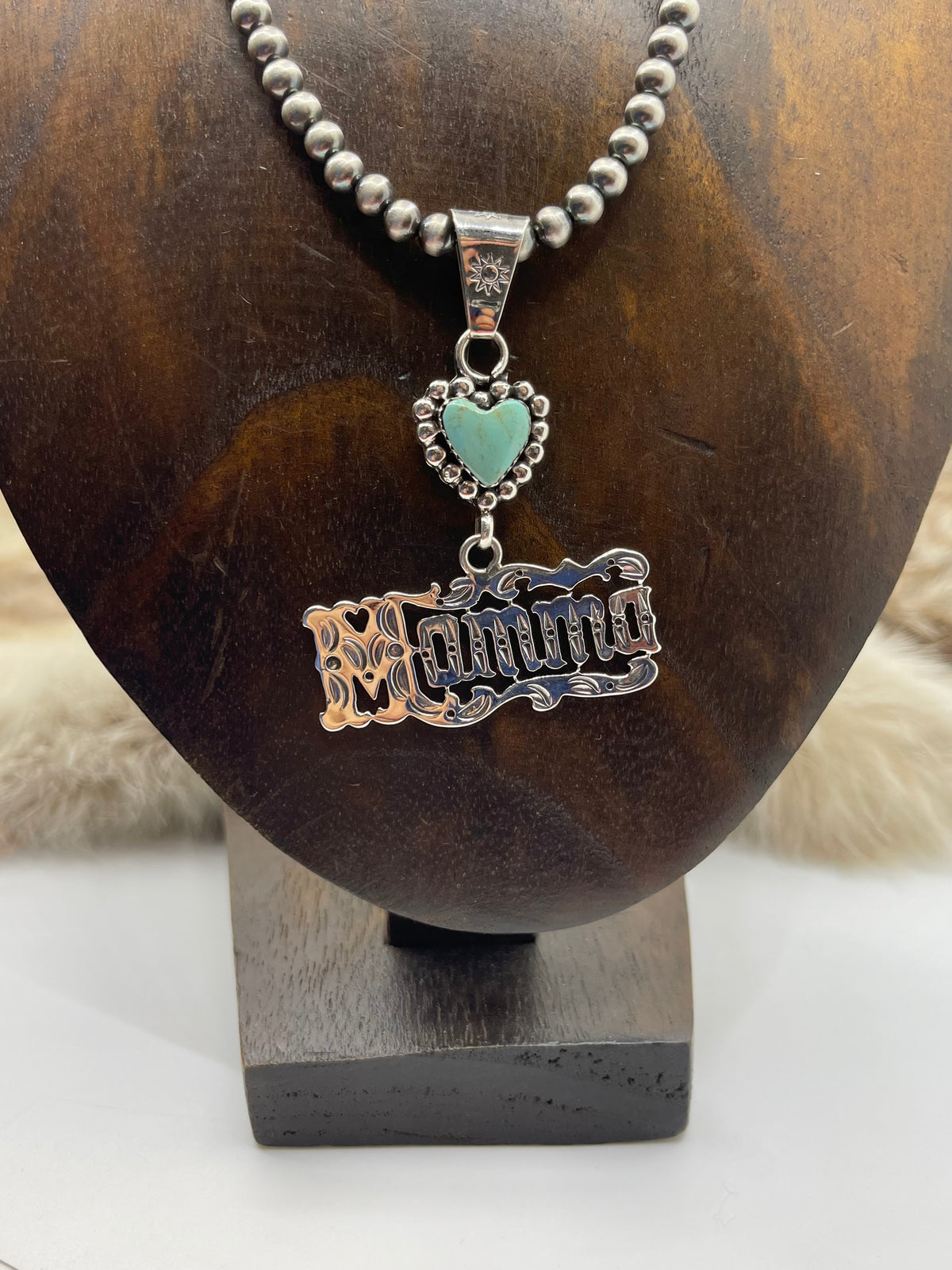 5mm 16” Momma Necklace with Turquoise Heart Pendant by Michael Yazzie, Navajo