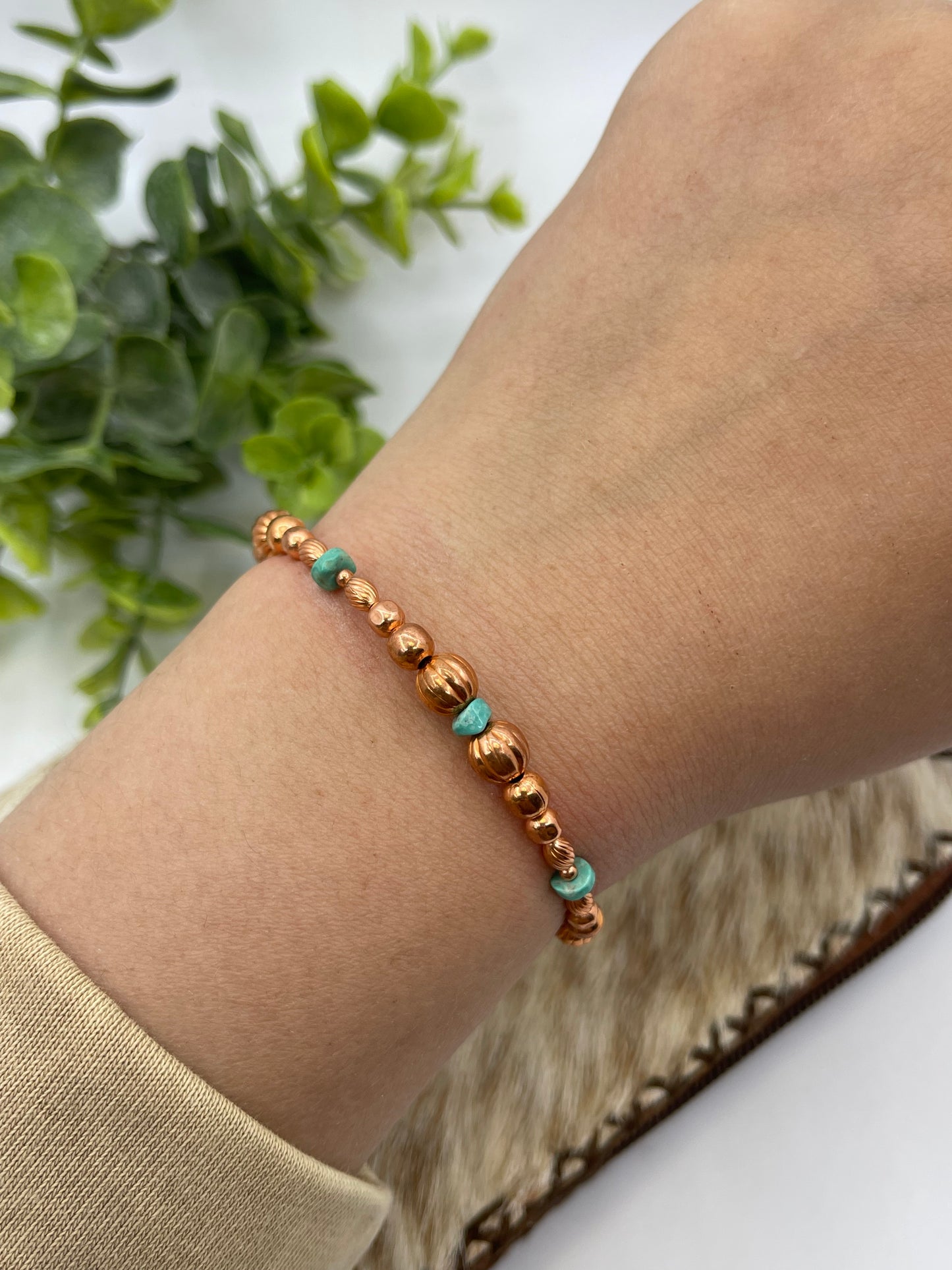 Copper Bead & Turquoise Memory Wire Bracelet
