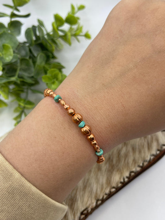 Copper Bead & Turquoise Memory Wire Bracelet